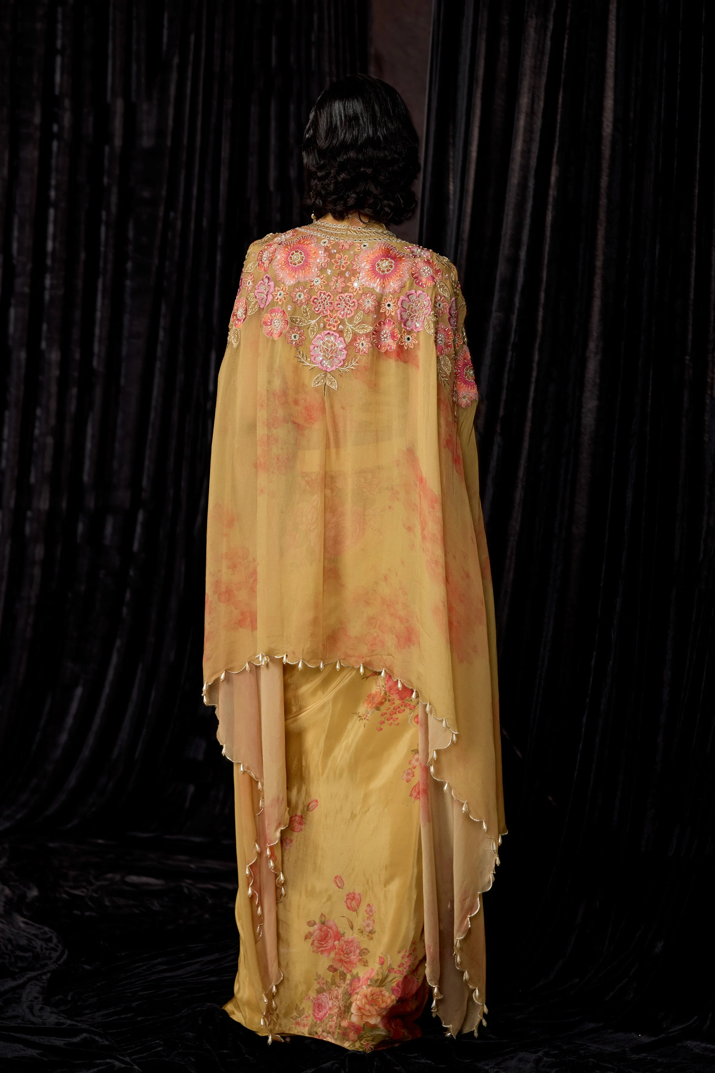 Golden Yellow Embellished Crepe Silk Drape Skirt Set - Image 6