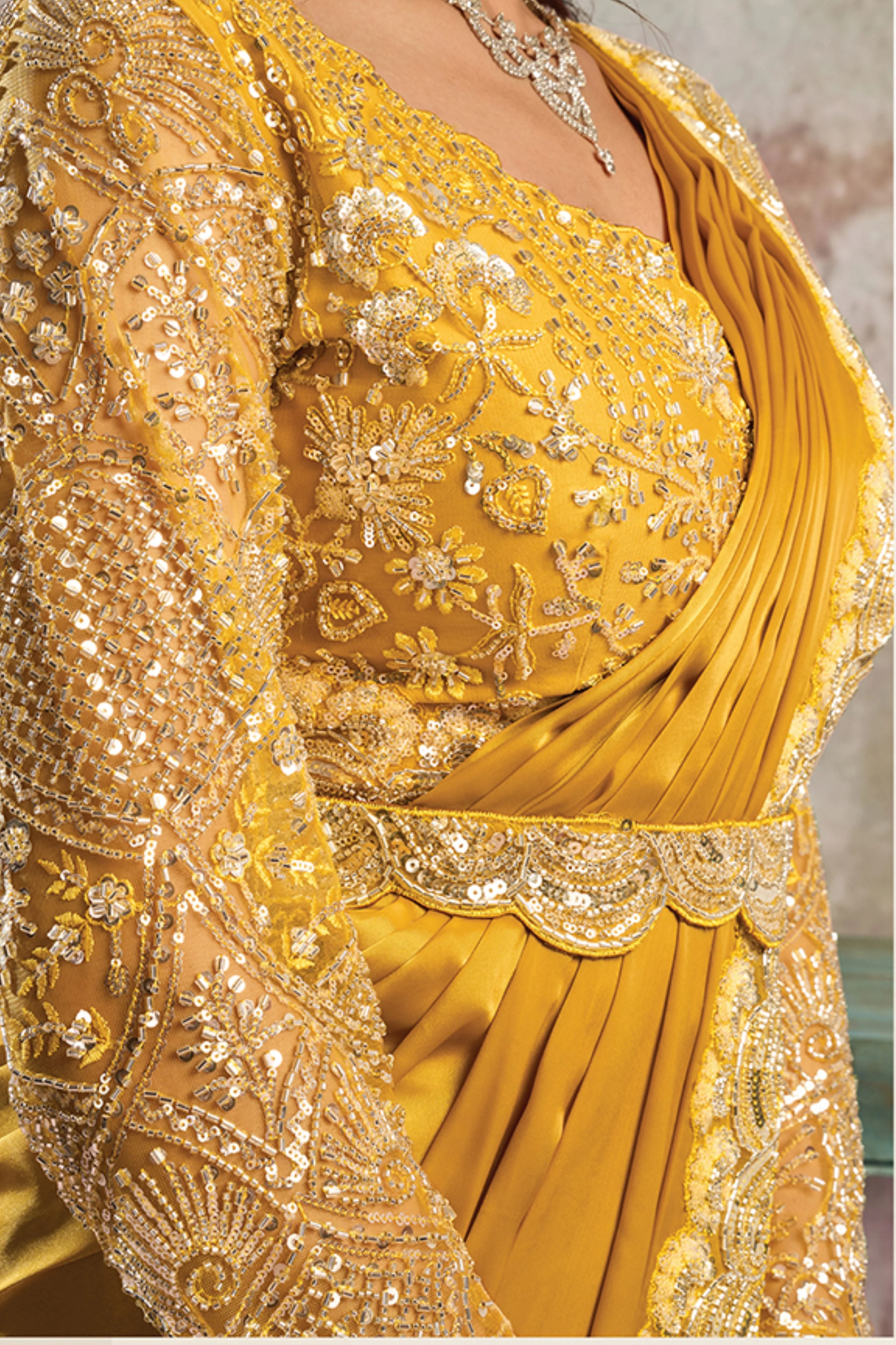 Golden Yellow Embellished Satin Silk Draped Saree - Image 2