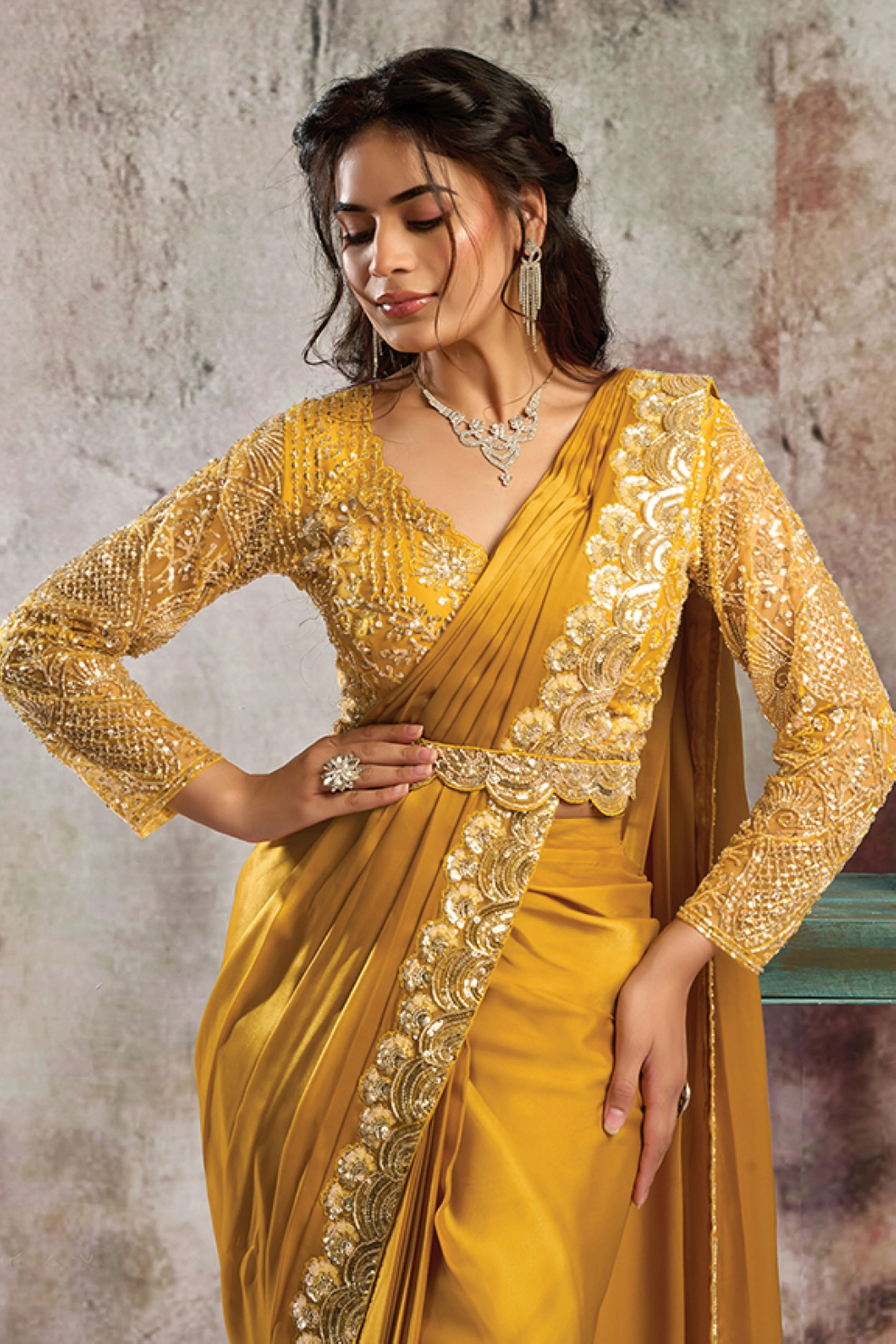 Golden Yellow Embellished Satin Silk Draped Saree - Image 3