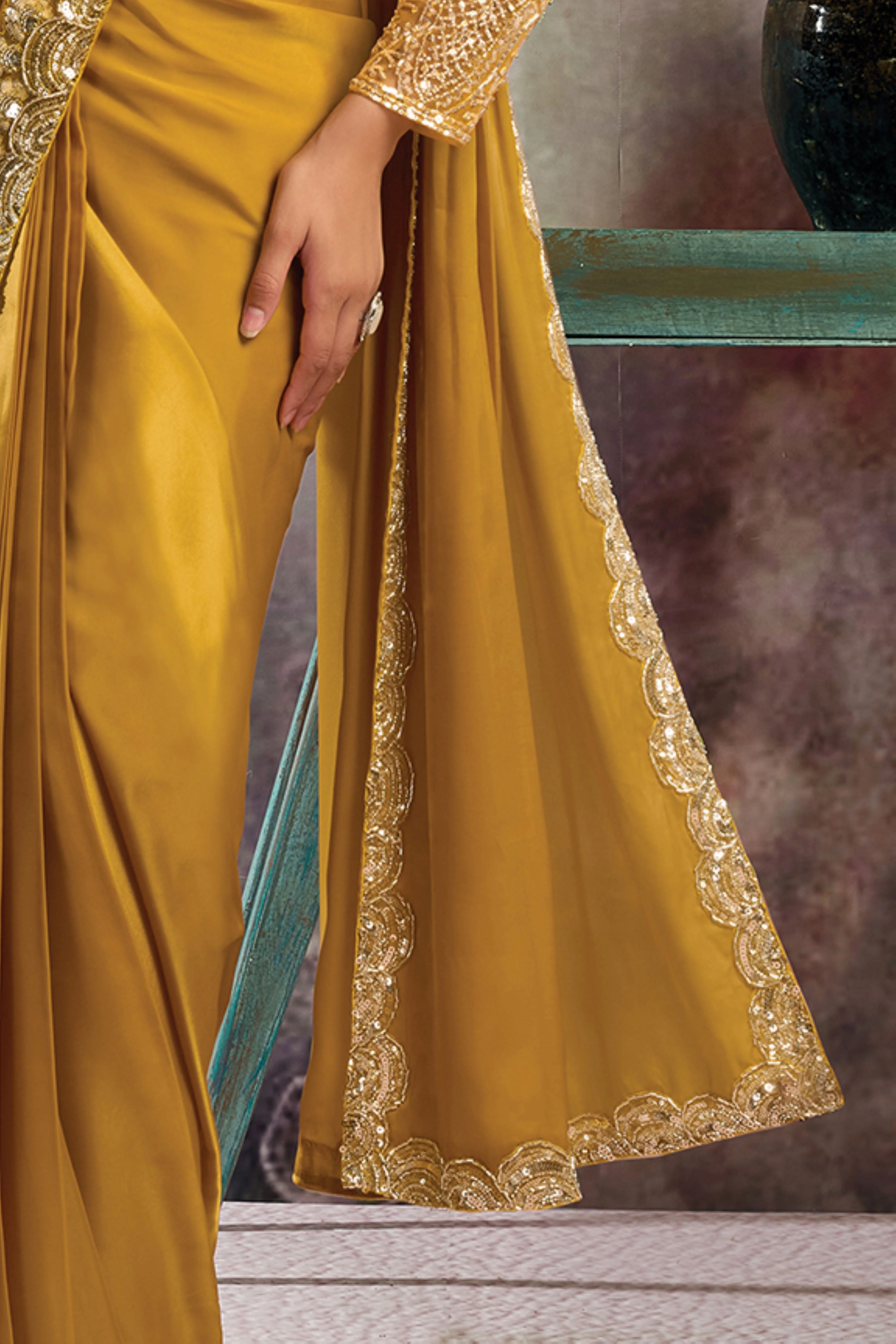 Golden Yellow Embellished Satin Silk Draped Saree - Image 4