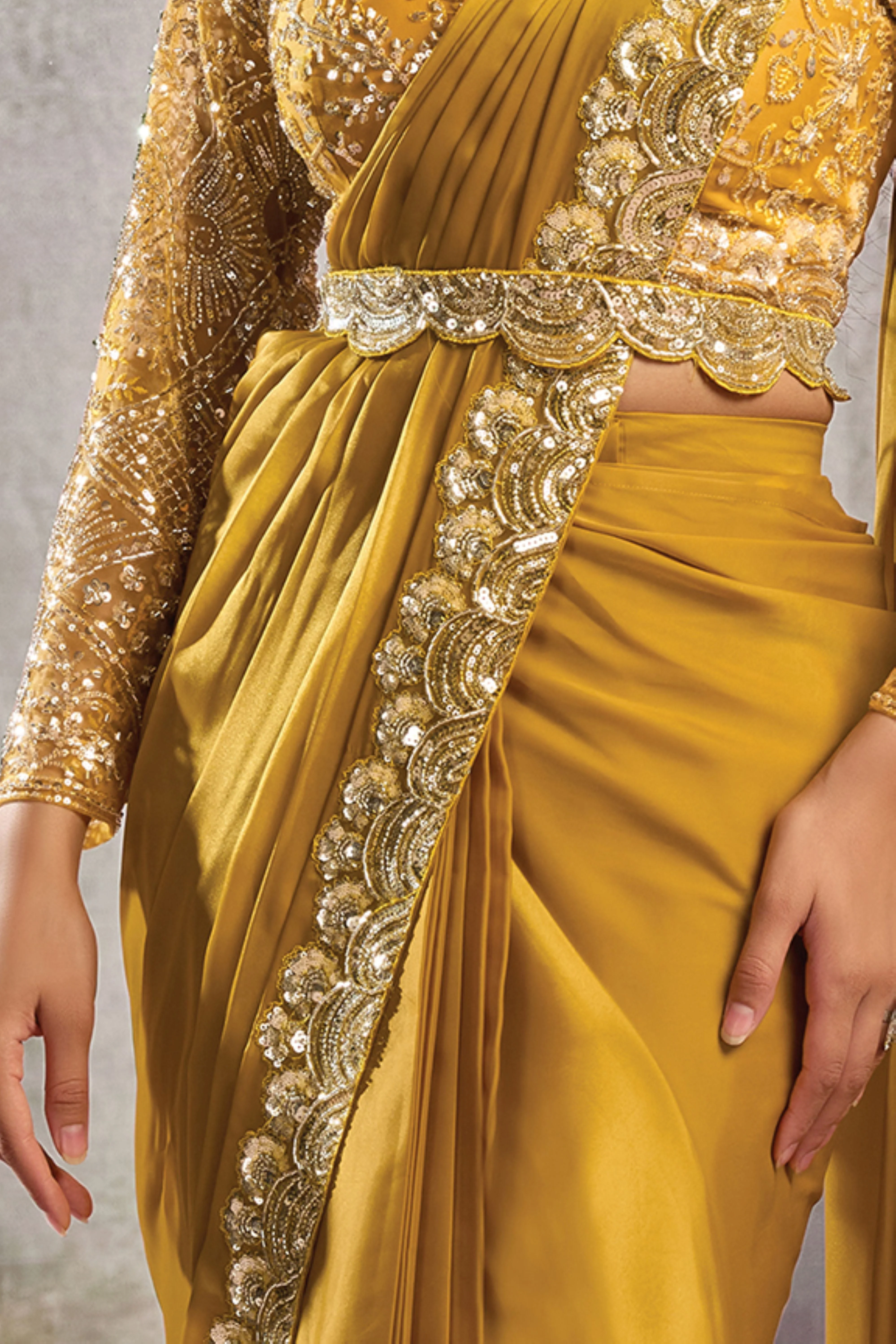 Golden Yellow Embellished Satin Silk Draped Saree - Image 5