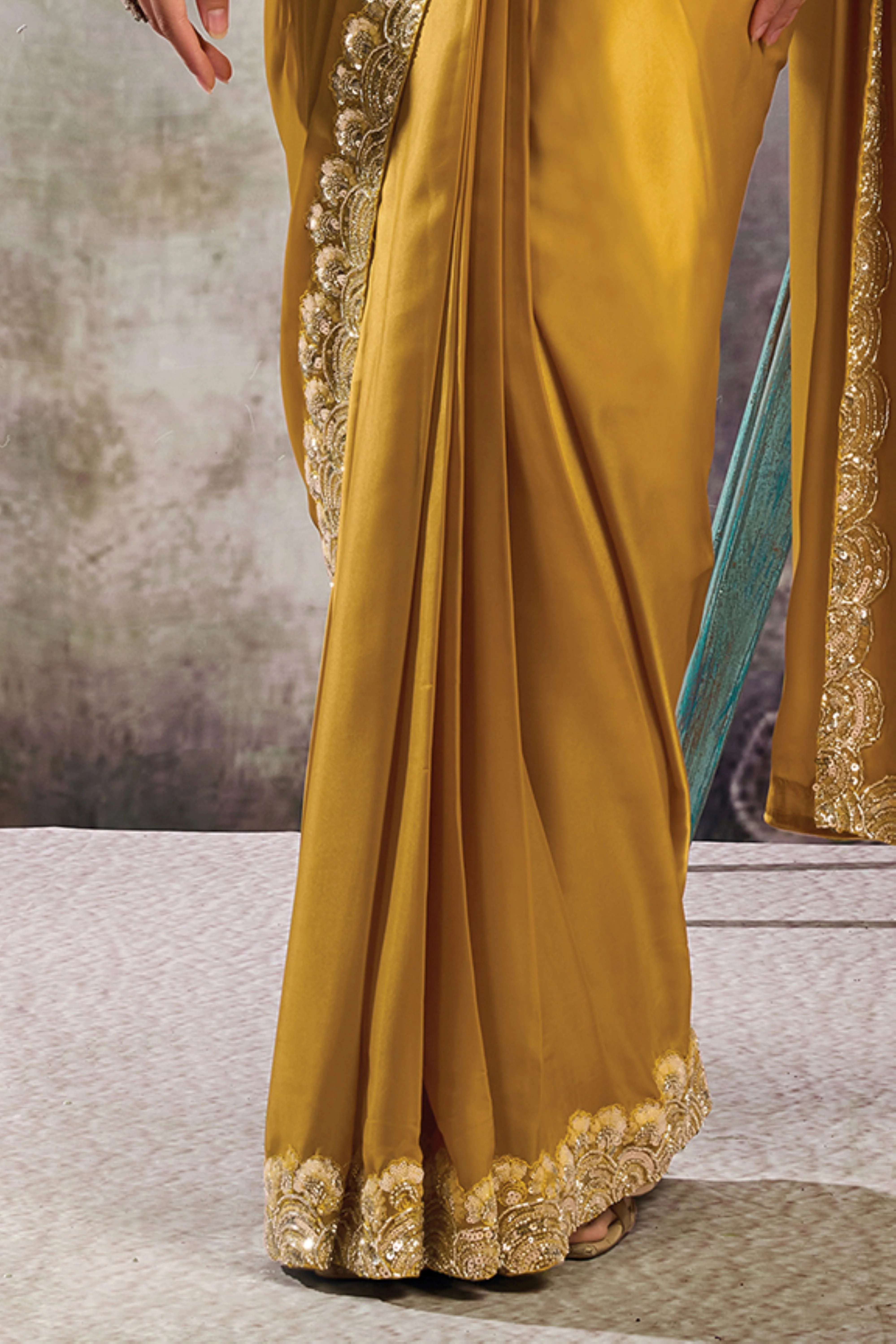 Golden Yellow Embellished Satin Silk Draped Saree - Image 6