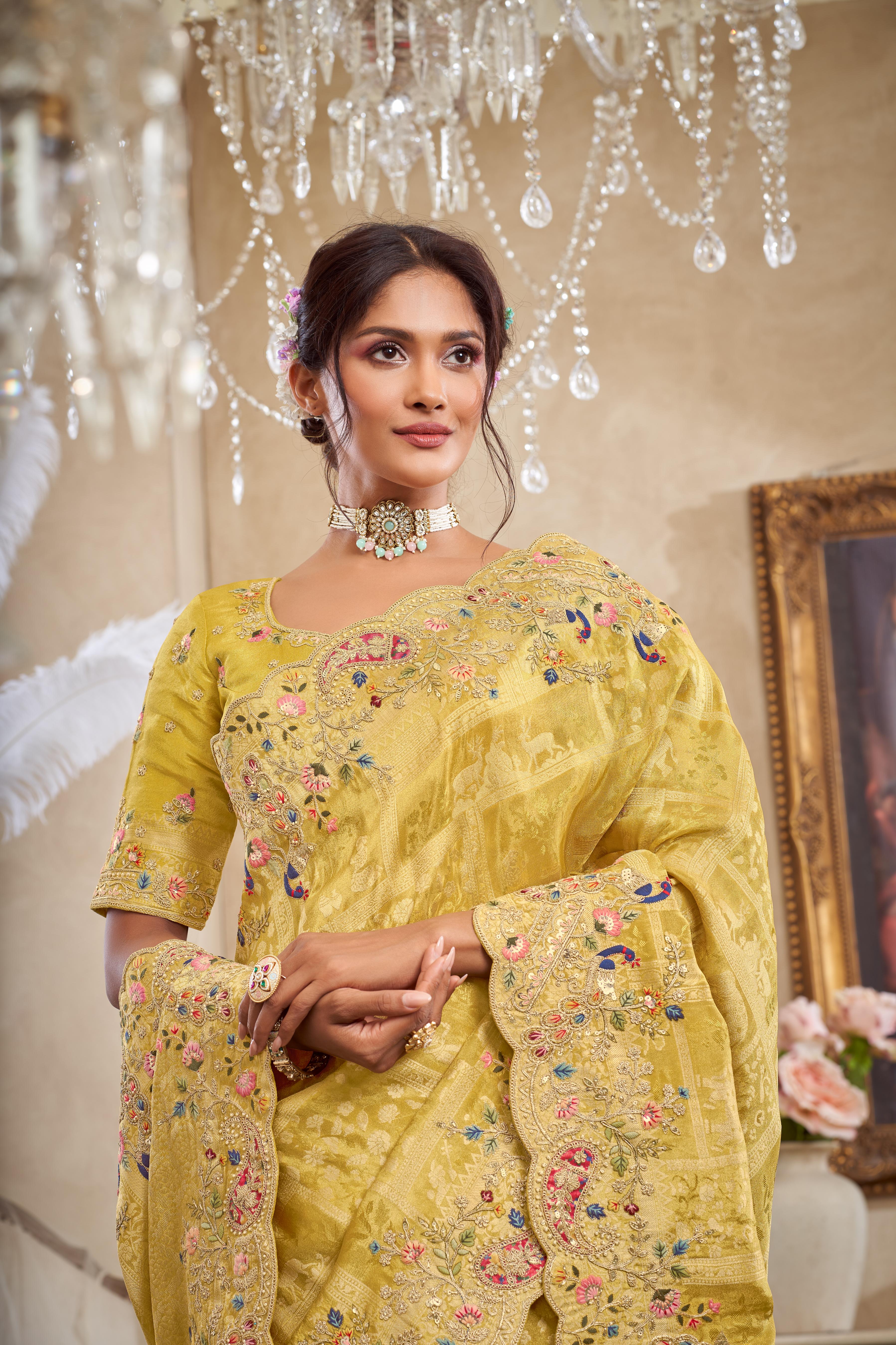 Soft Yellow Embellished Brocade Silk Saree - Image 2