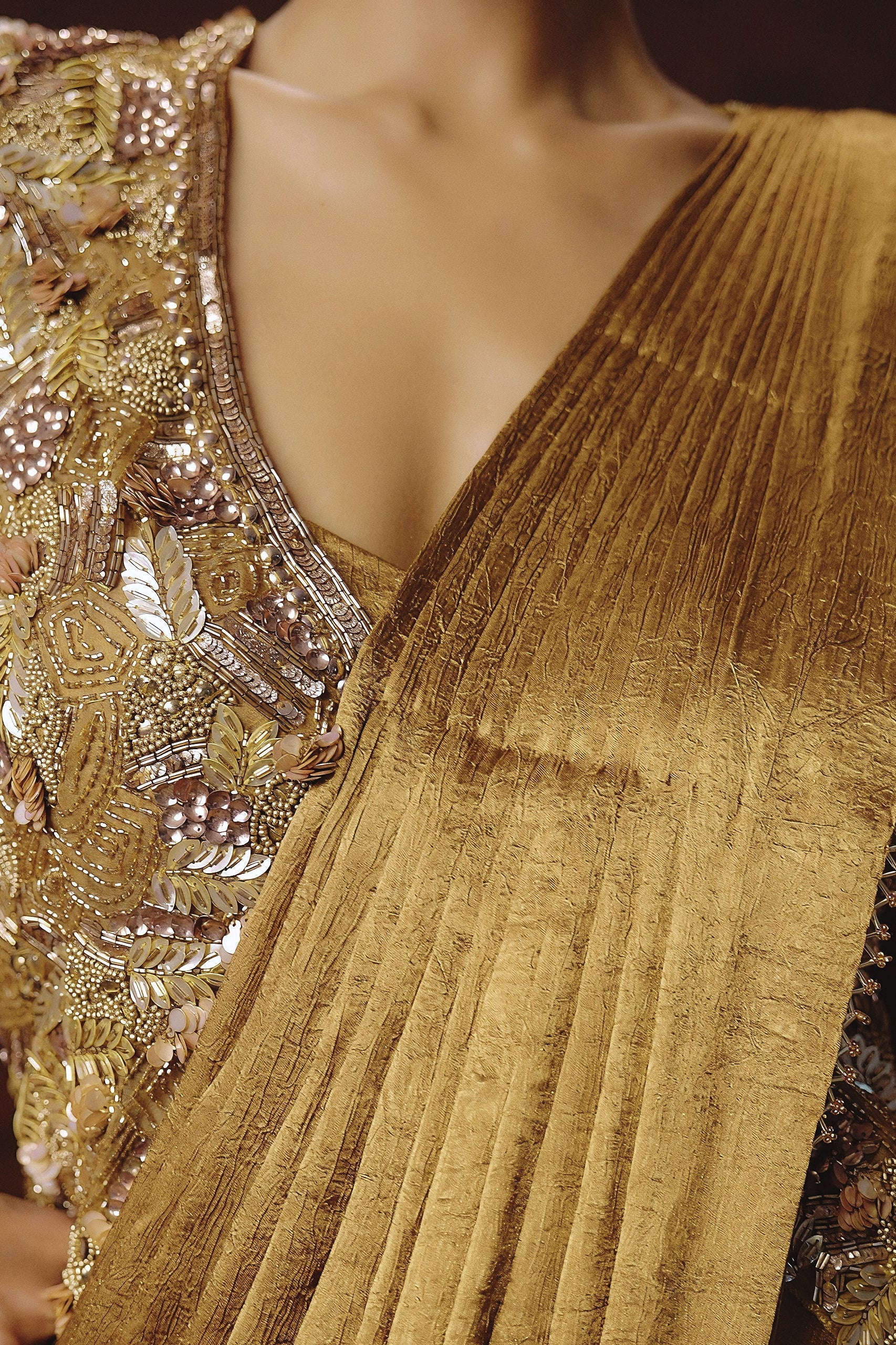 Metallic Golden Embellished Tissue Silk Drape Saree - Image 2
