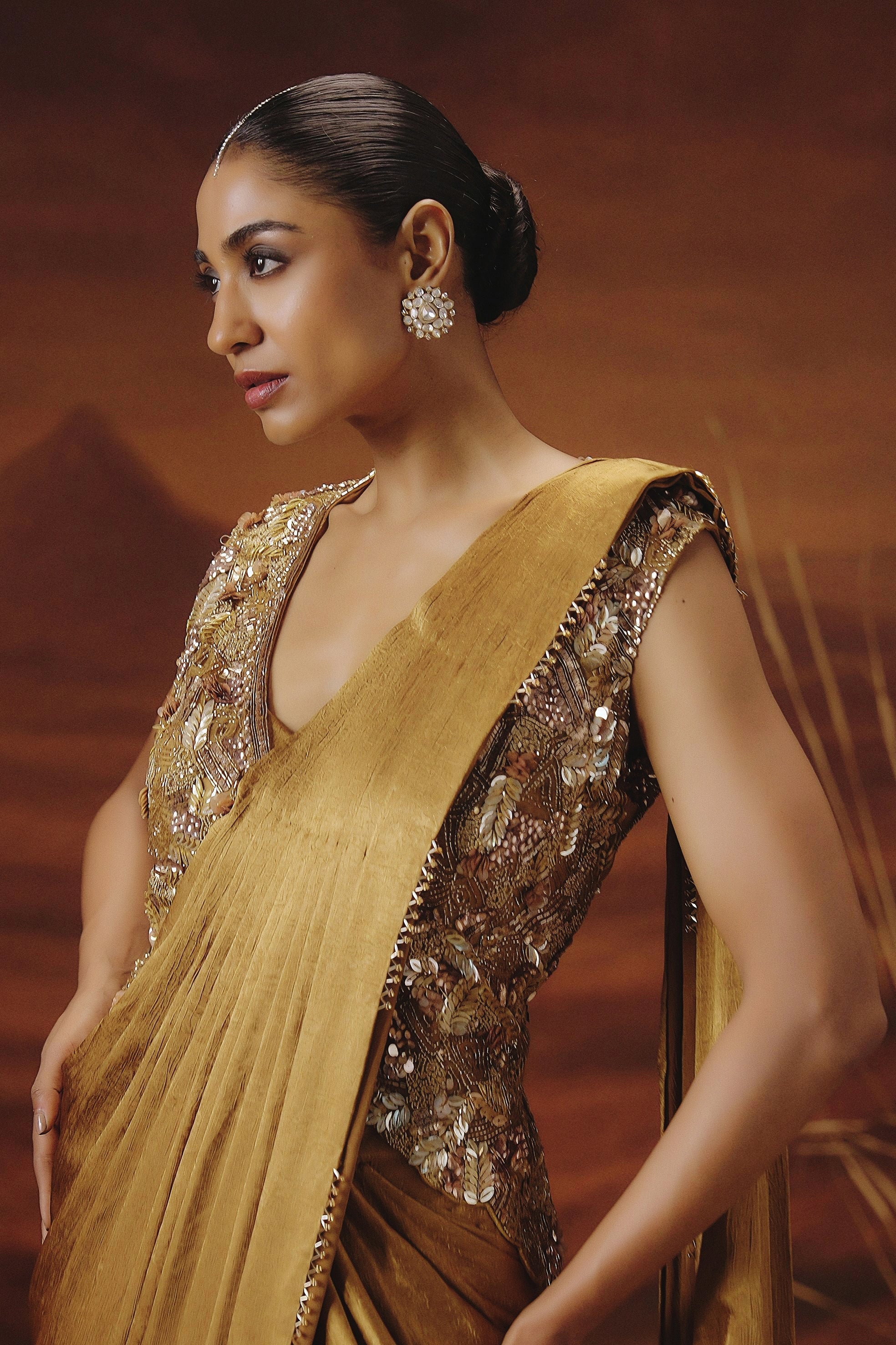 Metallic Golden Embellished Tissue Silk Drape Saree - Image 3