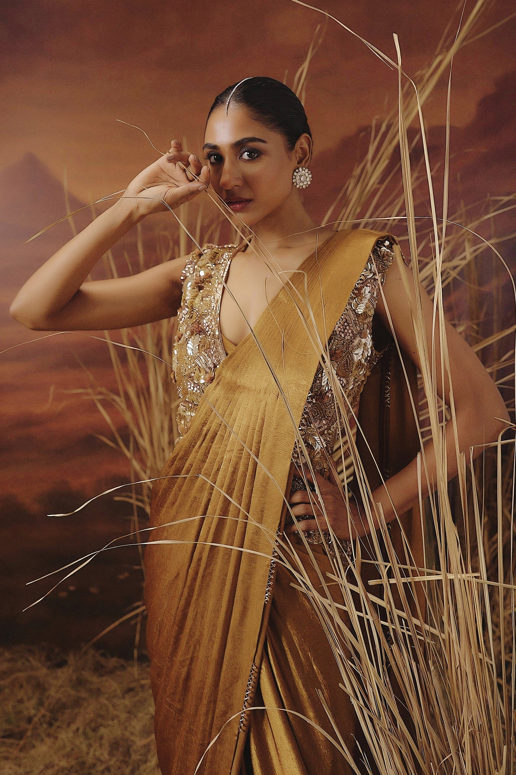 Metallic Golden Embellished Tissue Silk Drape Saree - Image 4