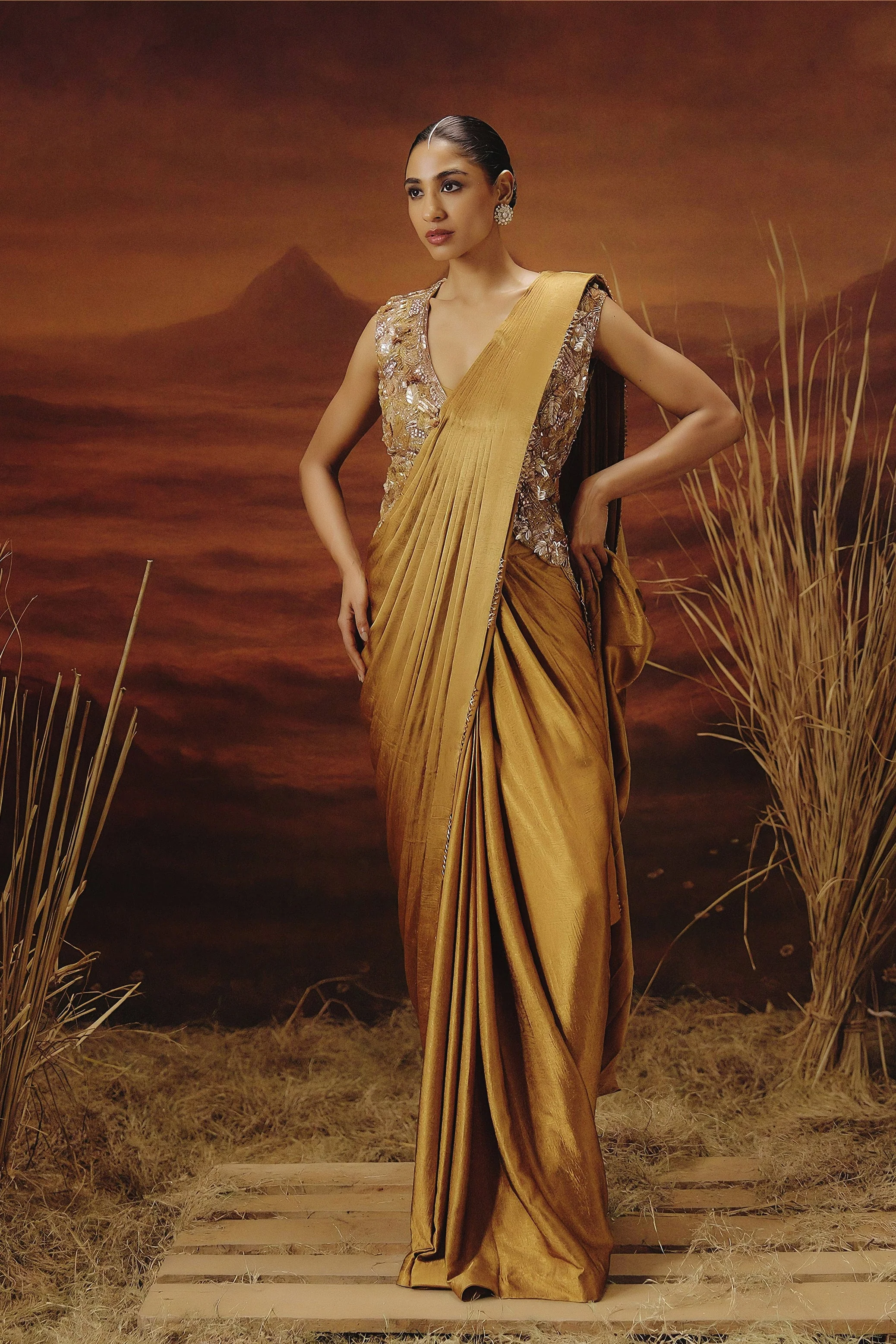 Metallic Golden Embellished Tissue Silk Drape Saree - Image 5