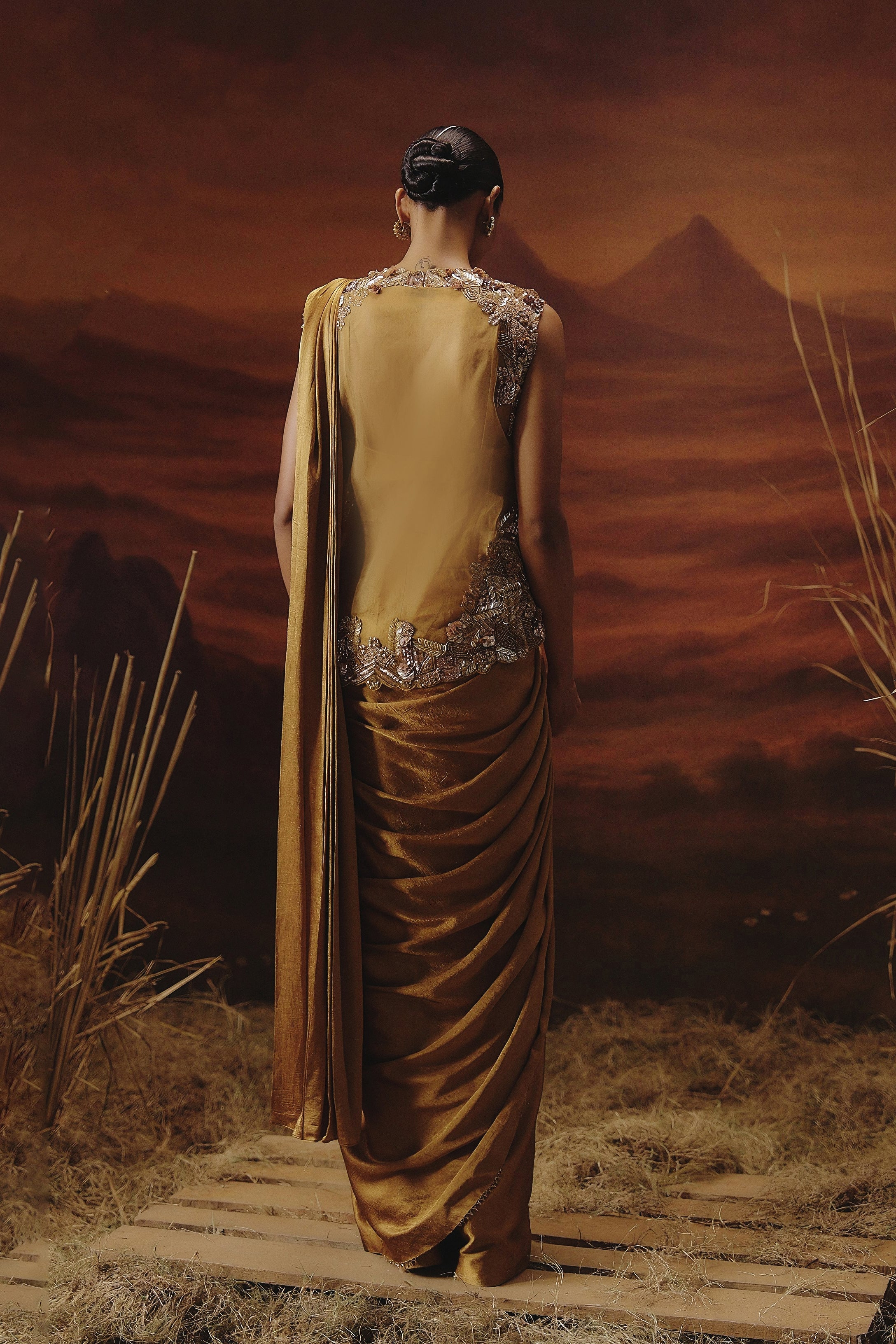 Metallic Golden Embellished Tissue Silk Drape Saree - Image 6