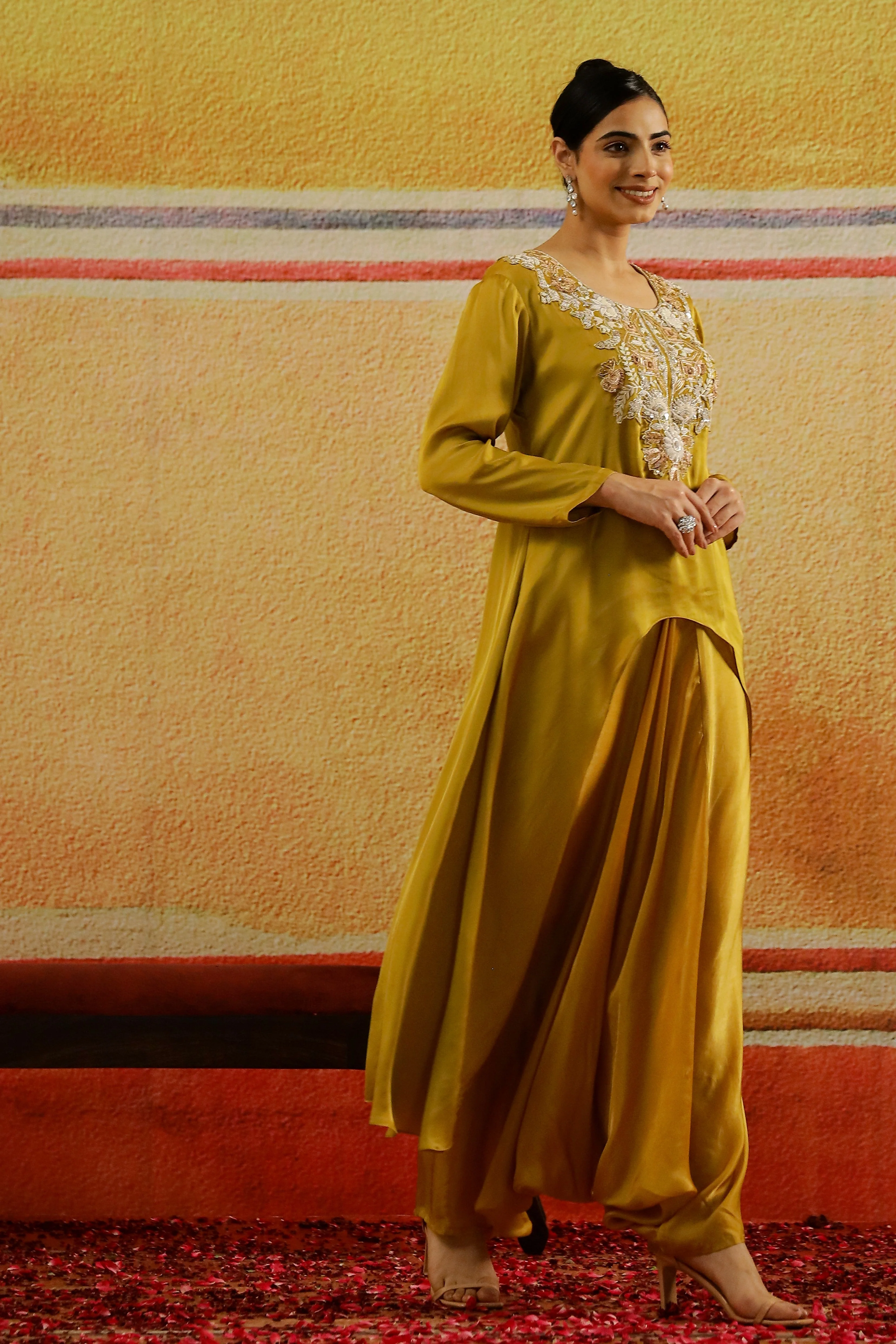 Golden Yellow Embroidered Satin Silk Kurta Set - Image 3