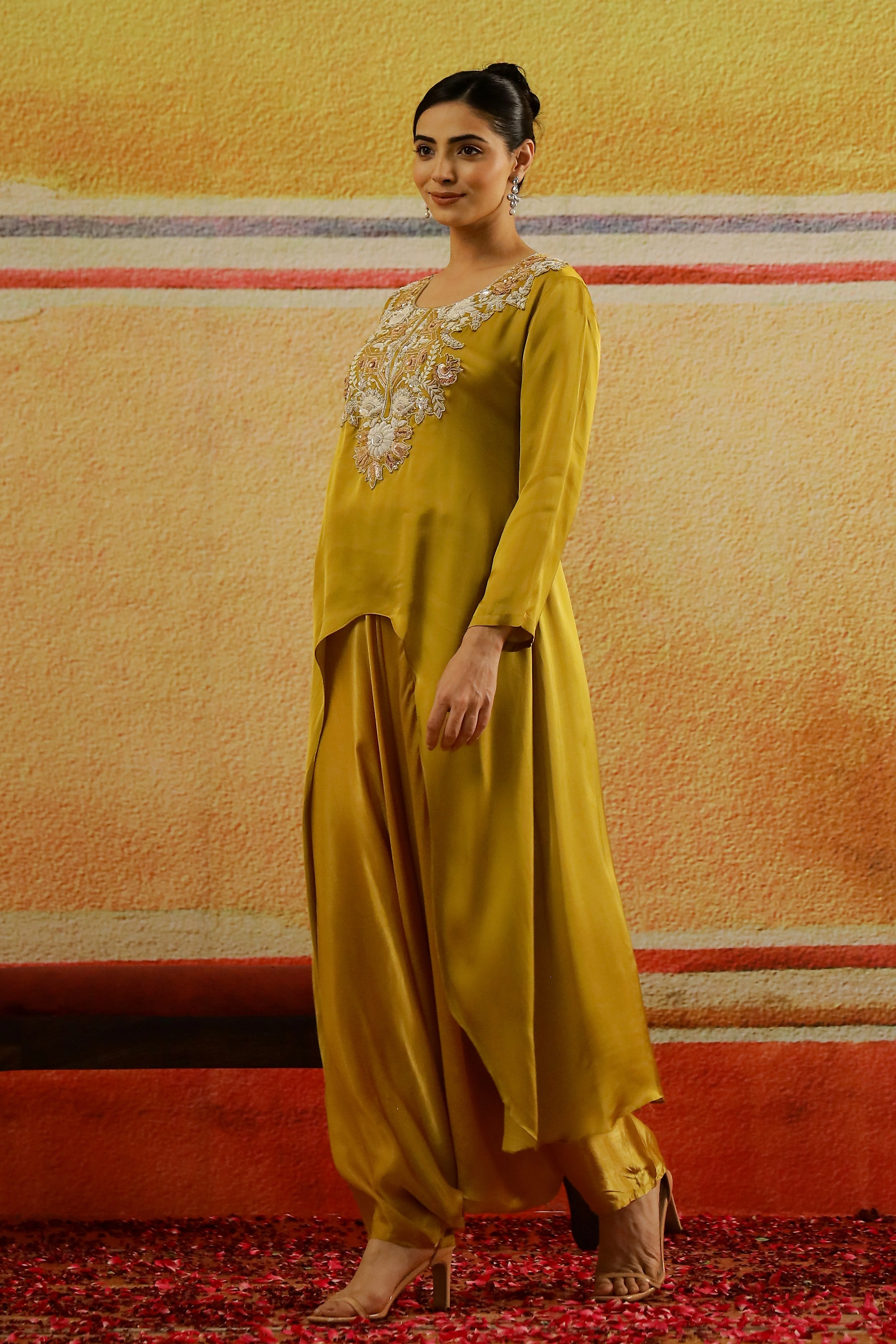 Golden Yellow Embroidered Satin Silk Kurta Set - Image 4