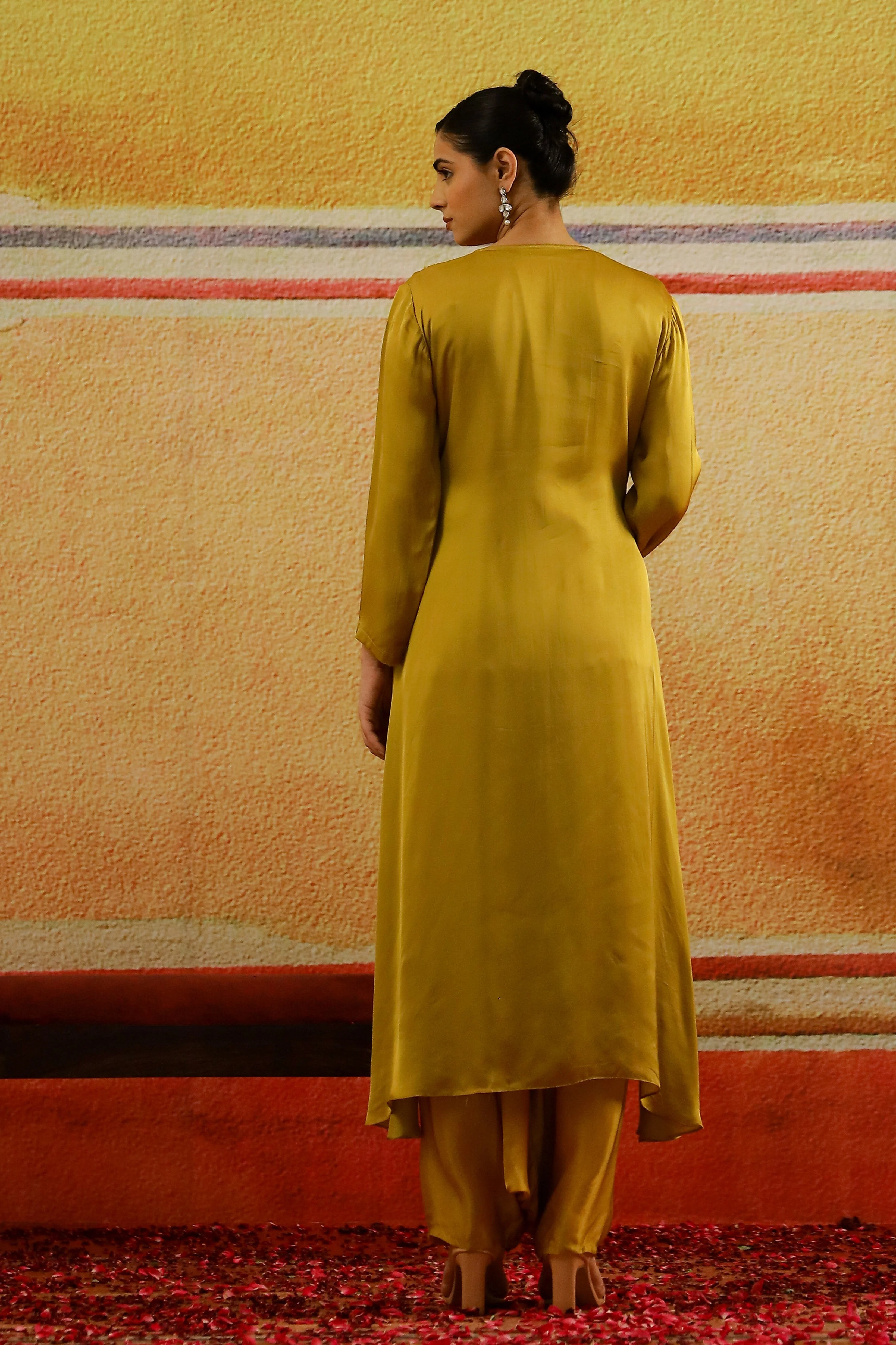 Golden Yellow Embroidered Satin Silk Kurta Set - Image 5