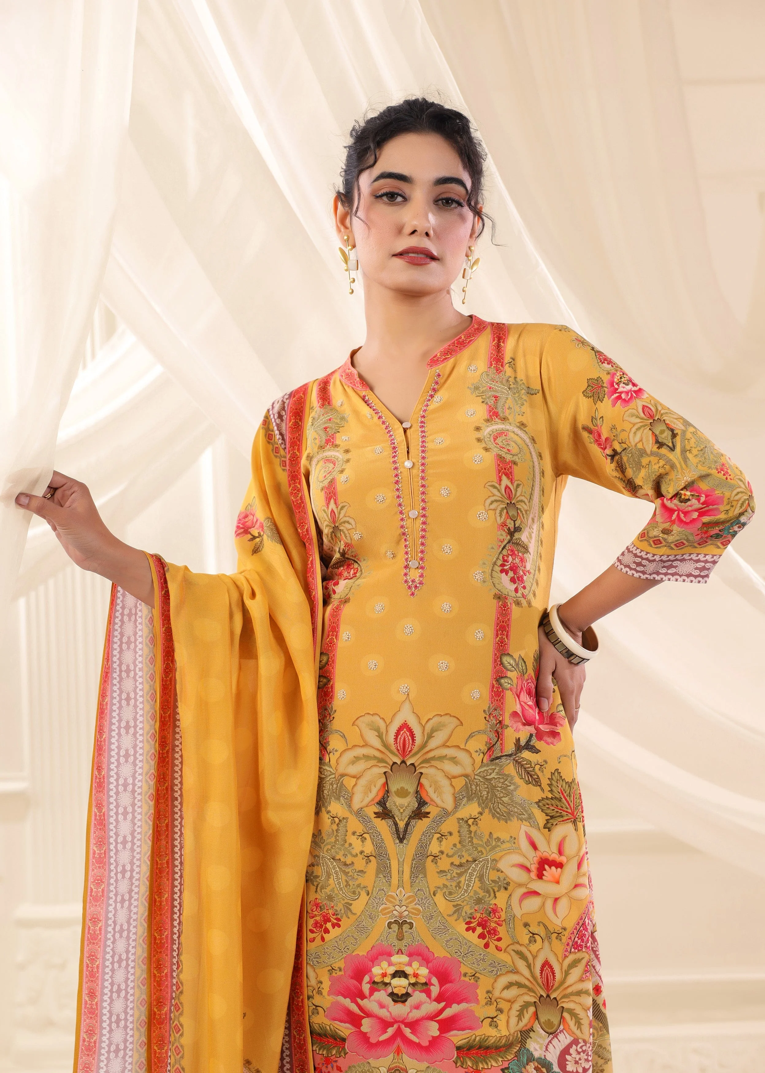 Golden Yellow Printed Crepe Silk Pant Set - Image 2