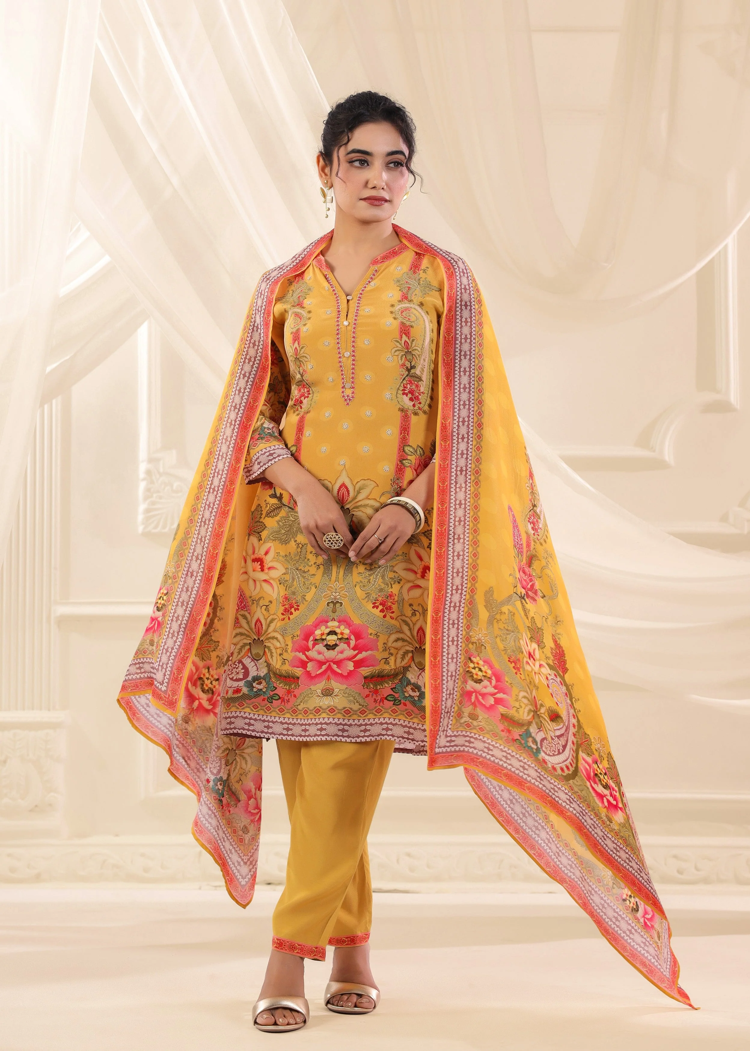 Golden Yellow Printed Crepe Silk Pant Set - Image 3