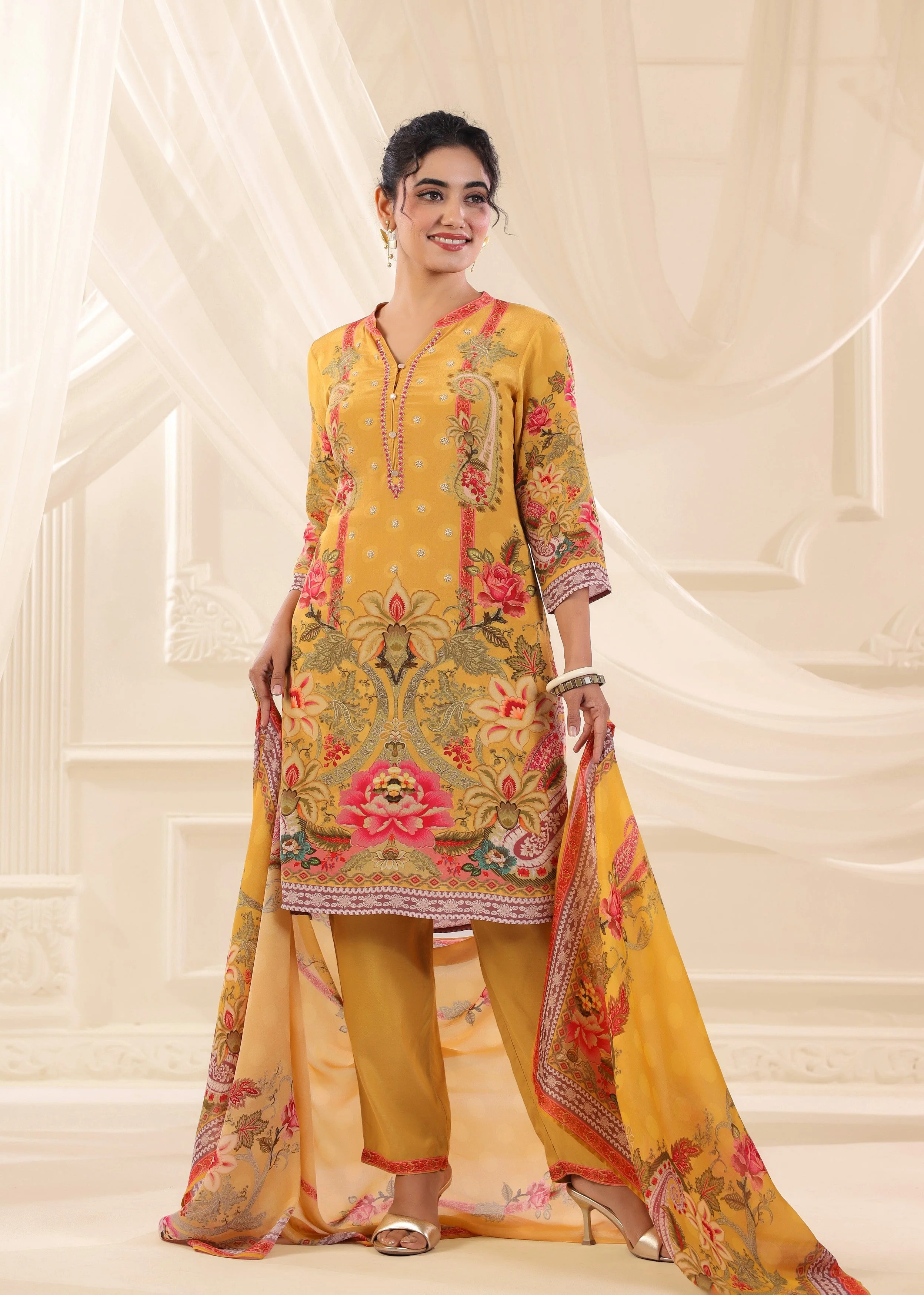 Golden Yellow Printed Crepe Silk Pant Set - Image 4