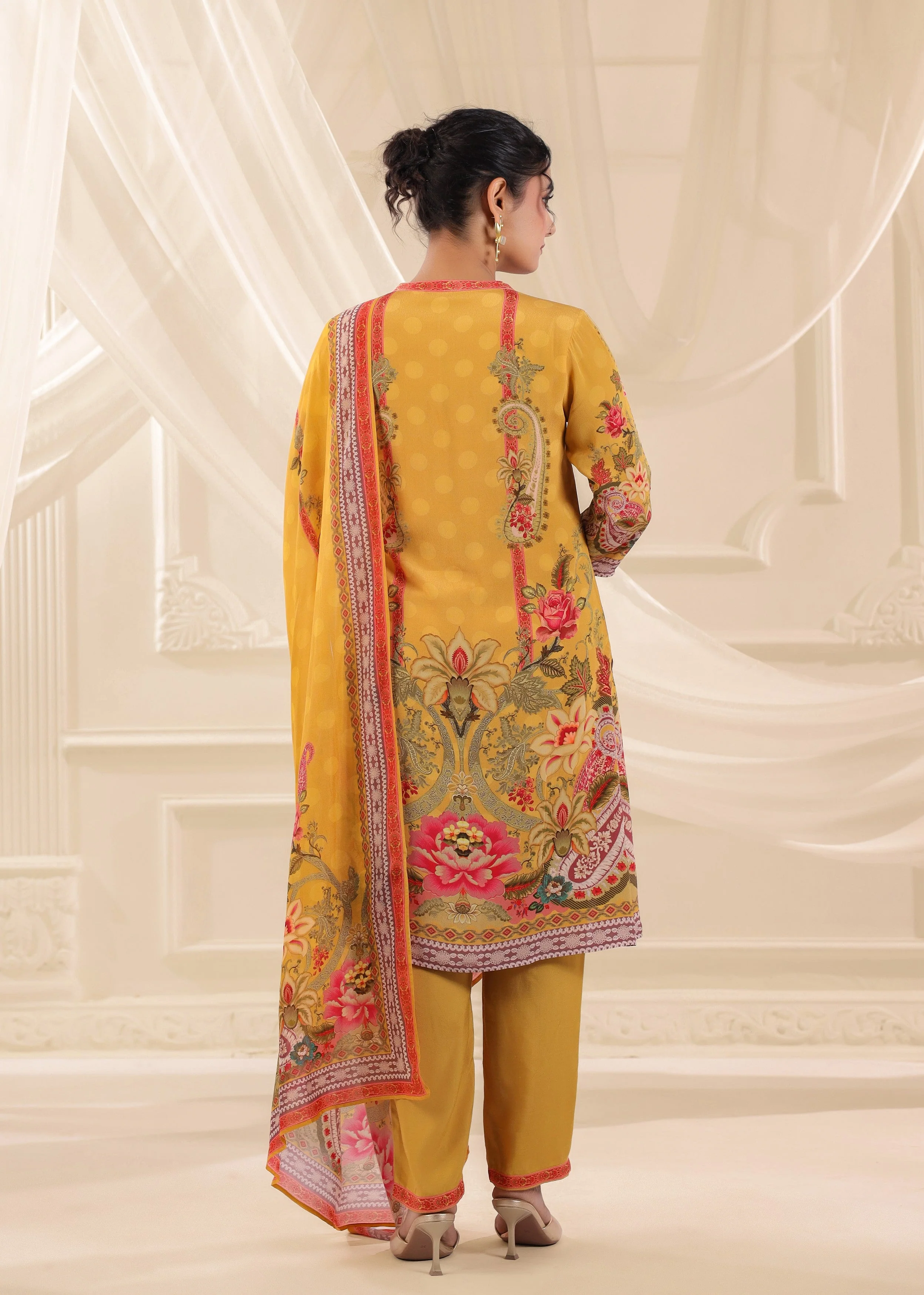 Golden Yellow Printed Crepe Silk Pant Set - Image 5