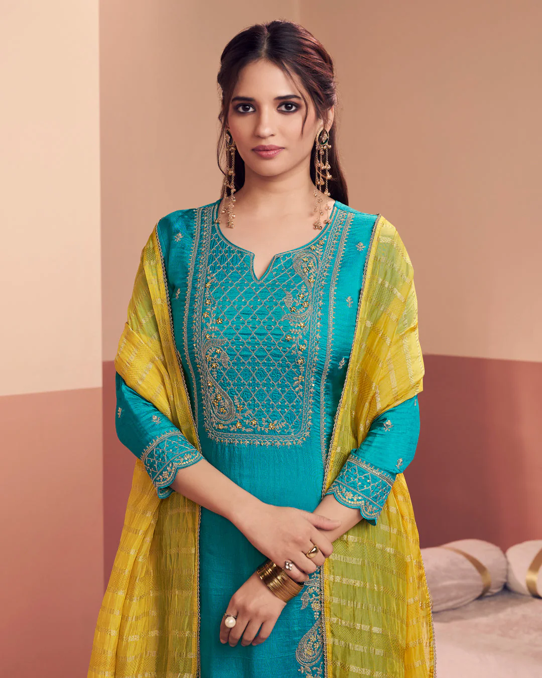 Cerulean Sun-Grace Embellished Dola Silk Pant Set - Image 2