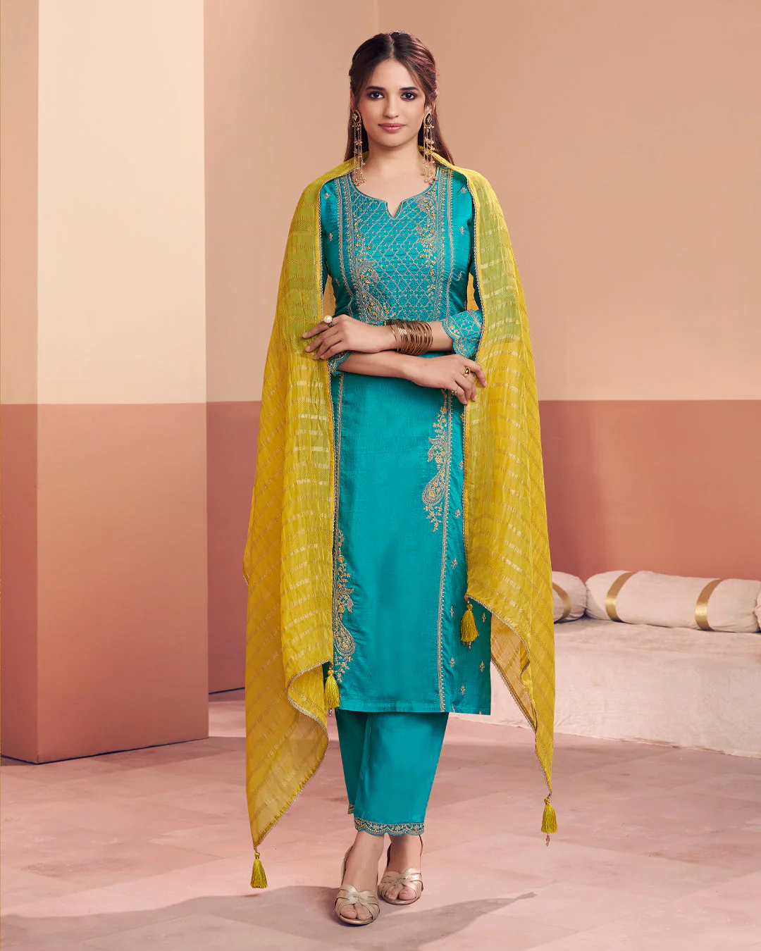 Cerulean Sun-Grace Embellished Dola Silk Pant Set - Image 4