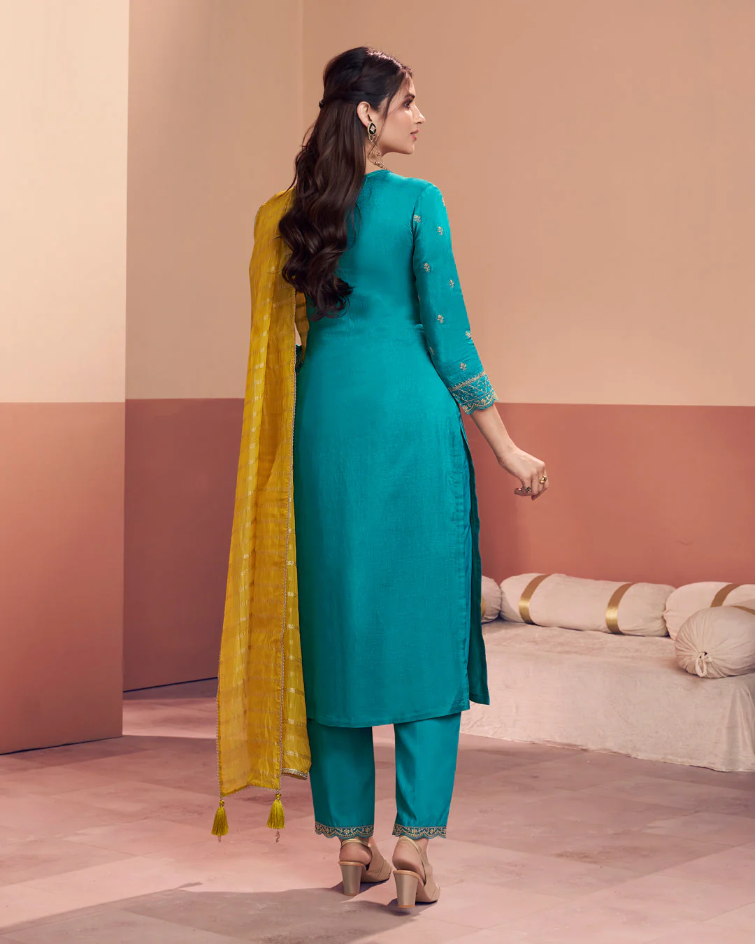 Cerulean Sun-Grace Embellished Dola Silk Pant Set - Image 5
