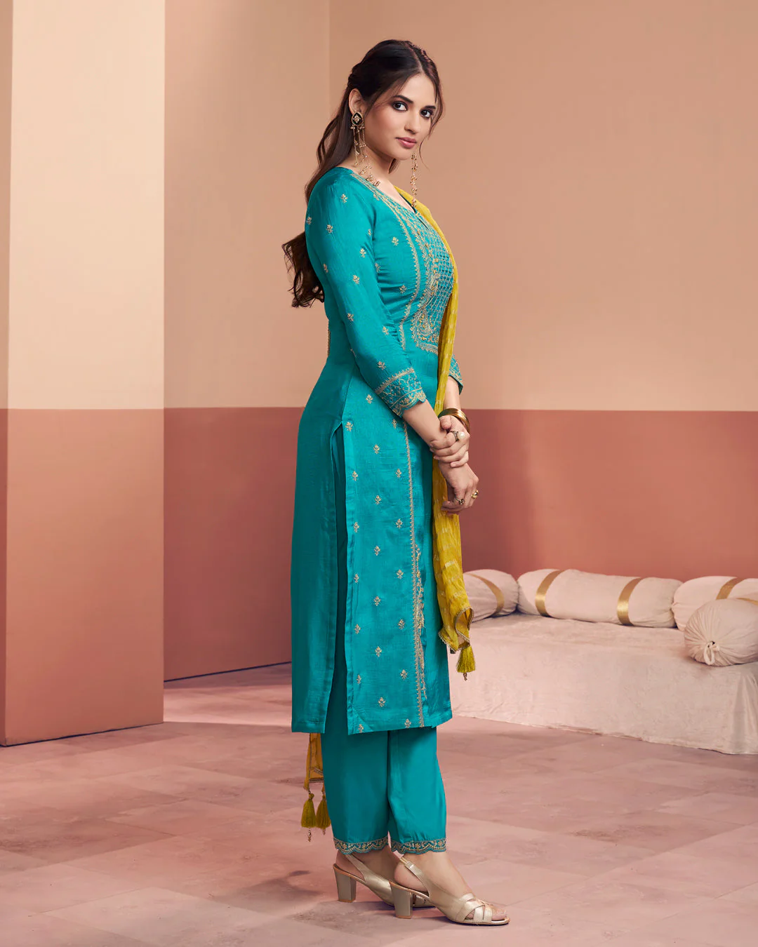 Cerulean Sun-Grace Embellished Dola Silk Pant Set - Image 6
