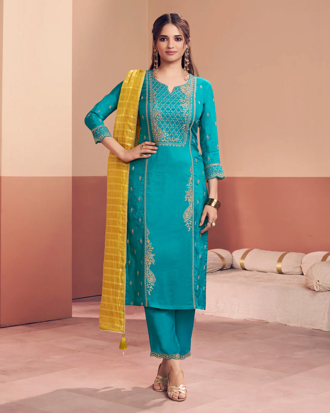 Cerulean Sun-Grace Embellished Dola Silk Pant Set - Image 7