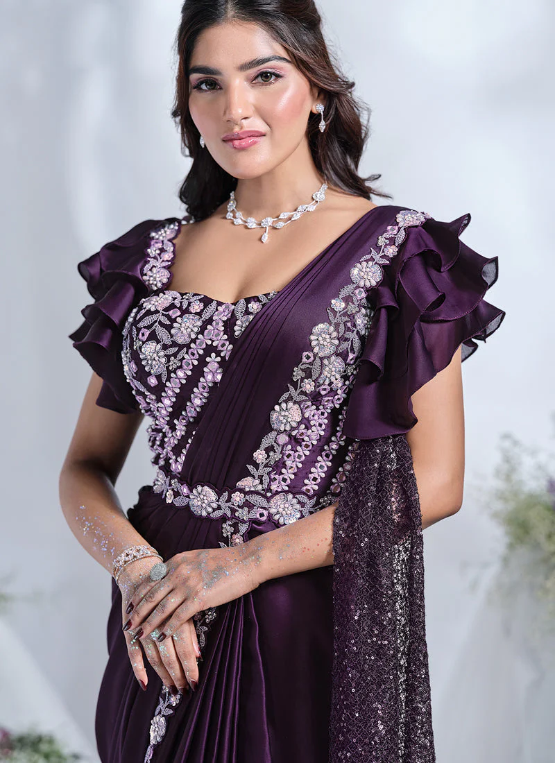 Grape Purple Embellished Crepe Satin Silk Saree - Image 2