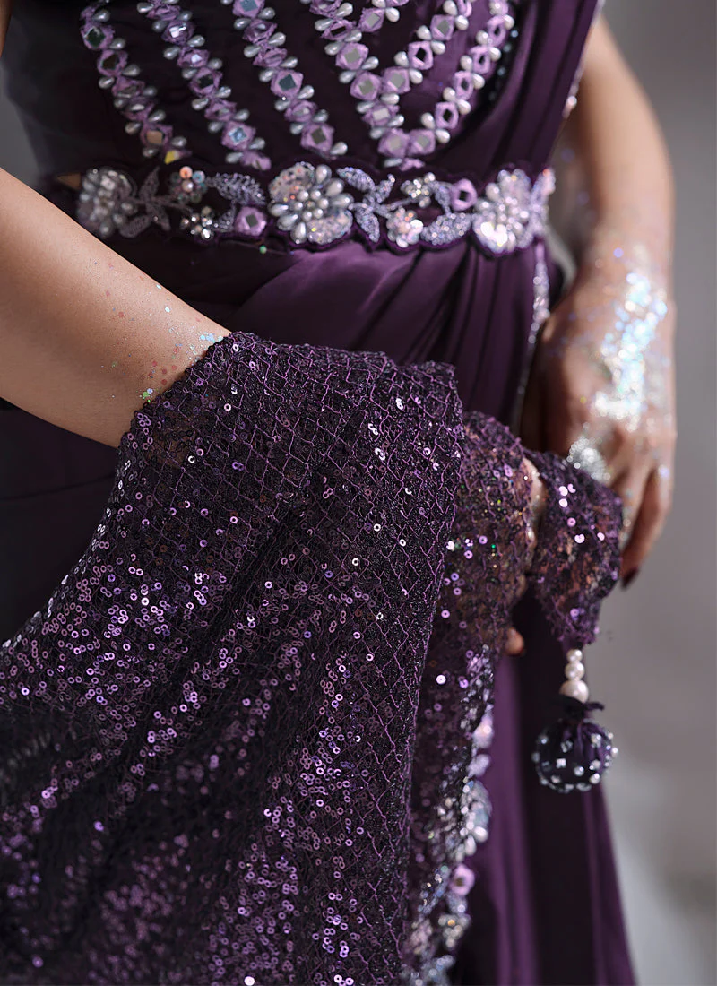 Grape Purple Embellished Crepe Satin Silk Saree - Image 3