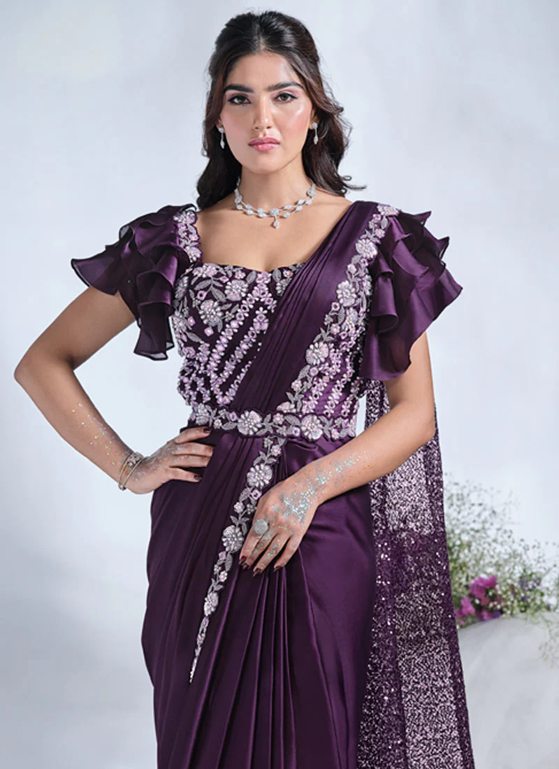 Grape Purple Embellished Crepe Satin Silk Saree - Image 4