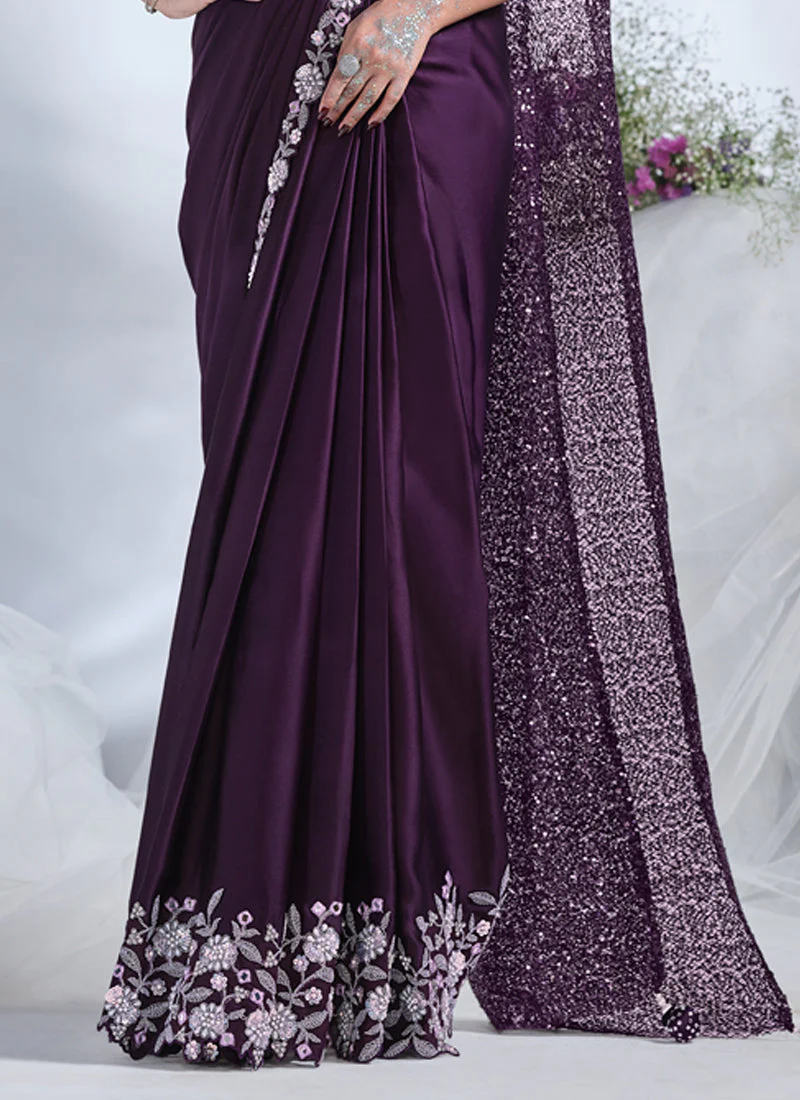 Grape Purple Embellished Crepe Satin Silk Saree - Image 5