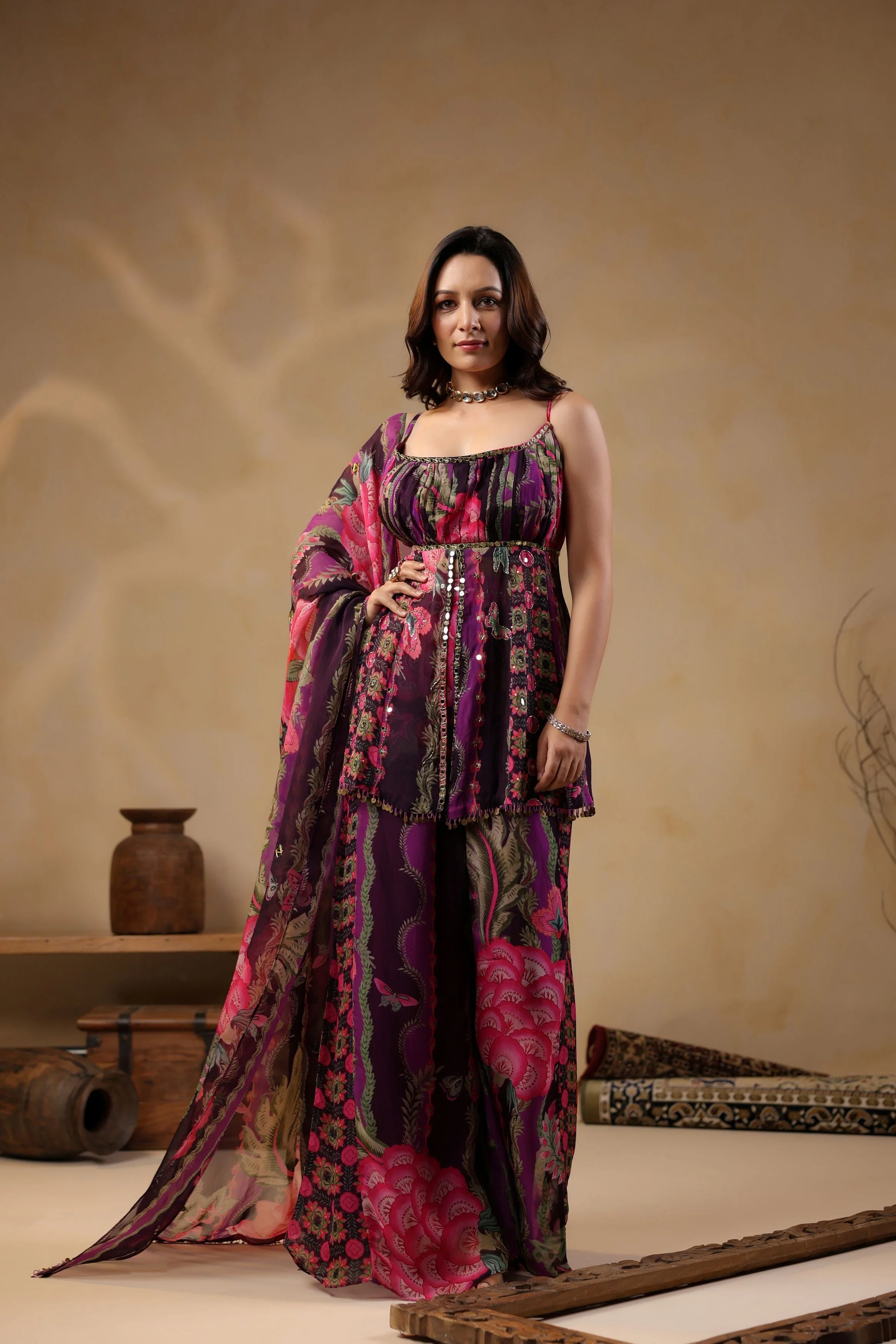 Grape Purple Printed Georgette Silk Peplum Sharara Set