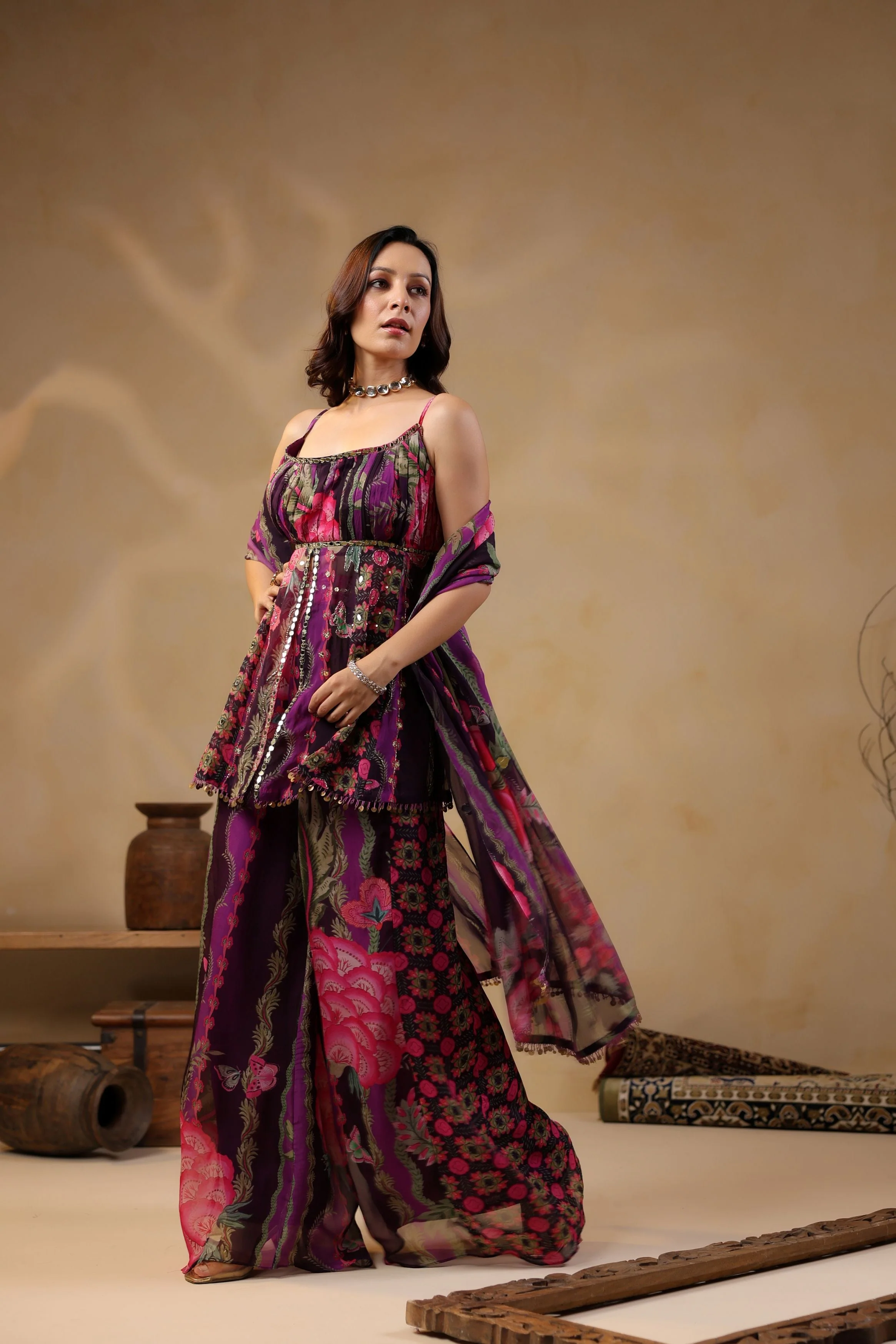 Grape Purple Printed Georgette Silk Peplum Sharara Set - Image 4