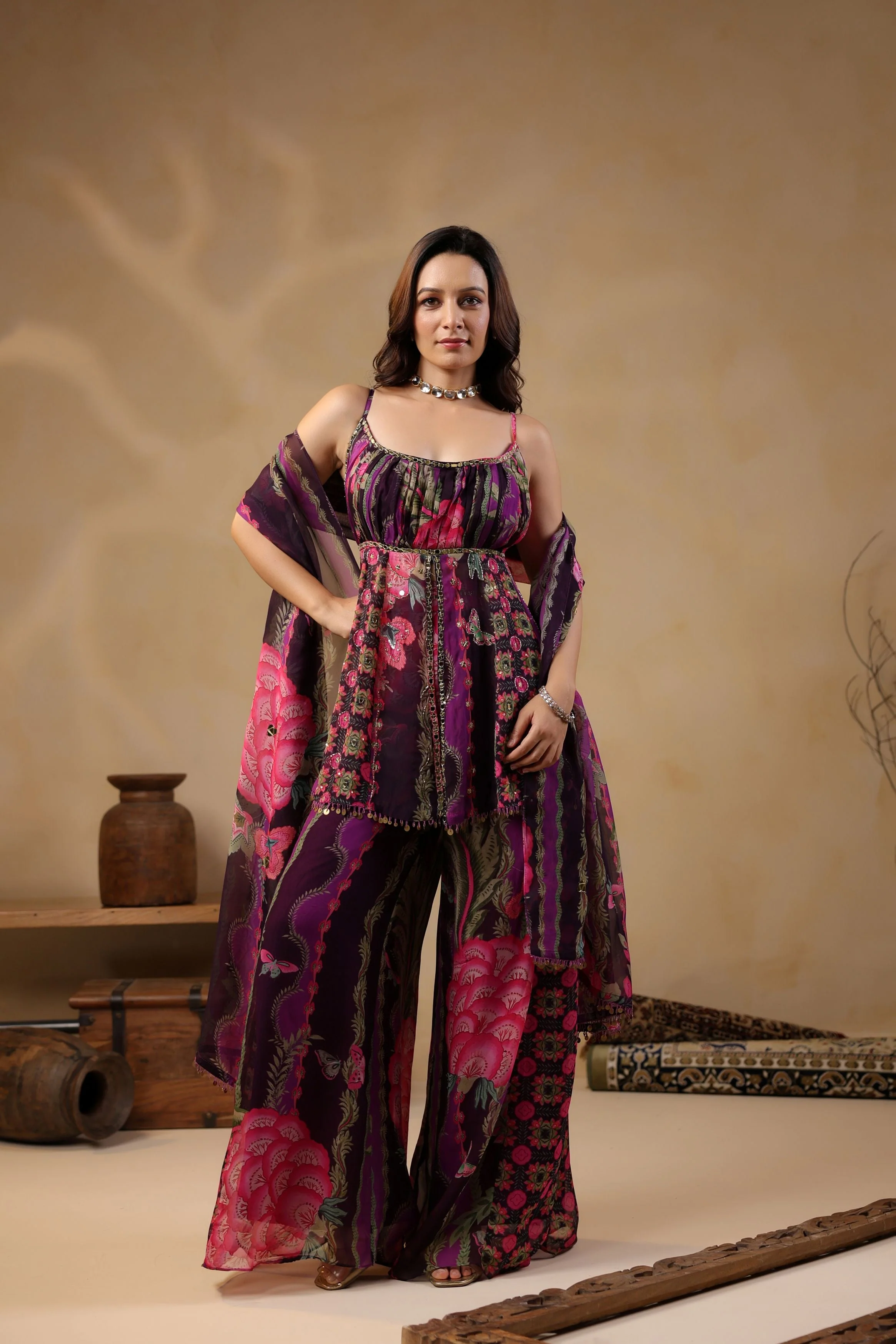 Grape Purple Printed Georgette Silk Peplum Sharara Set - Image 5