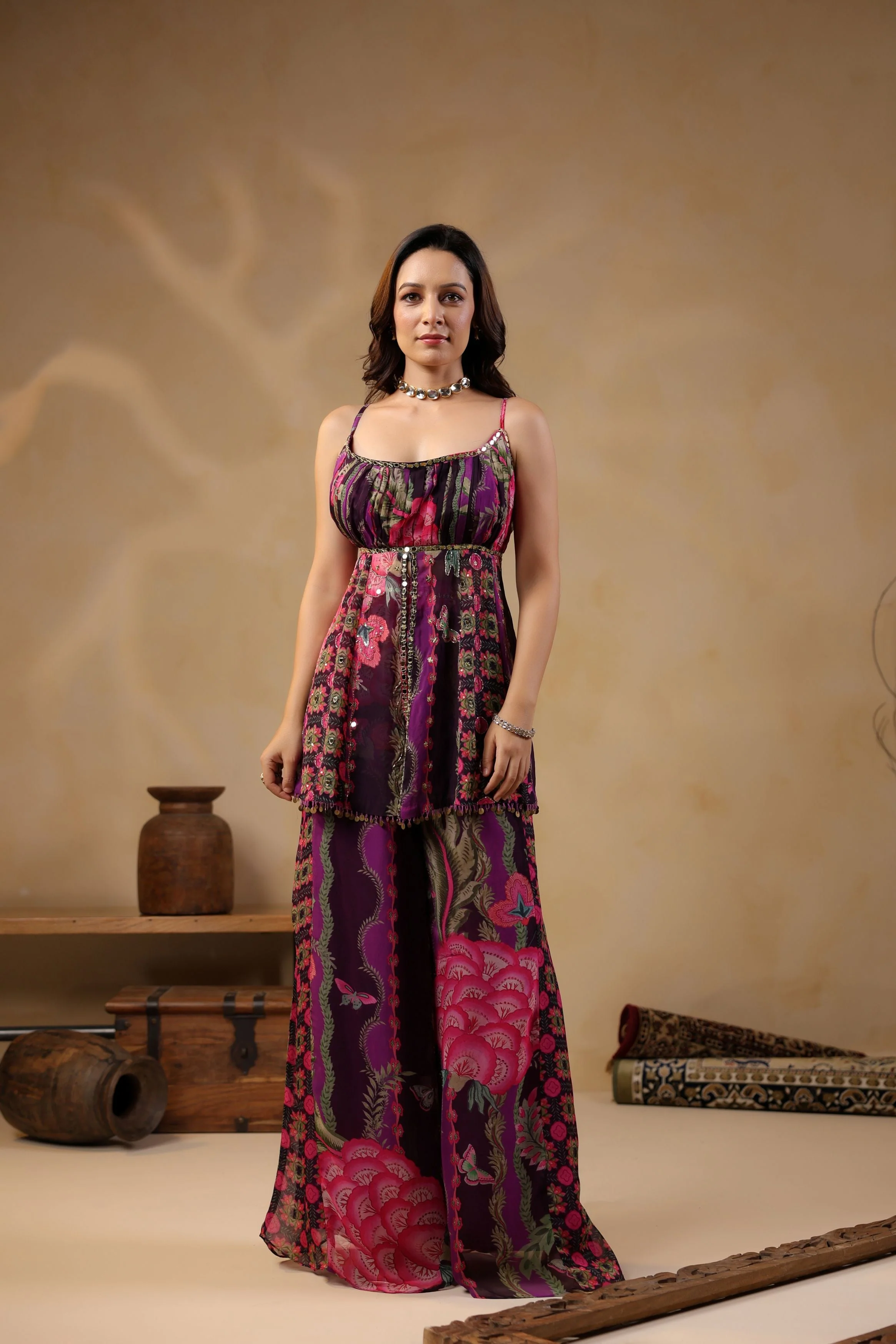 Grape Purple Printed Georgette Silk Peplum Sharara Set - Image 6
