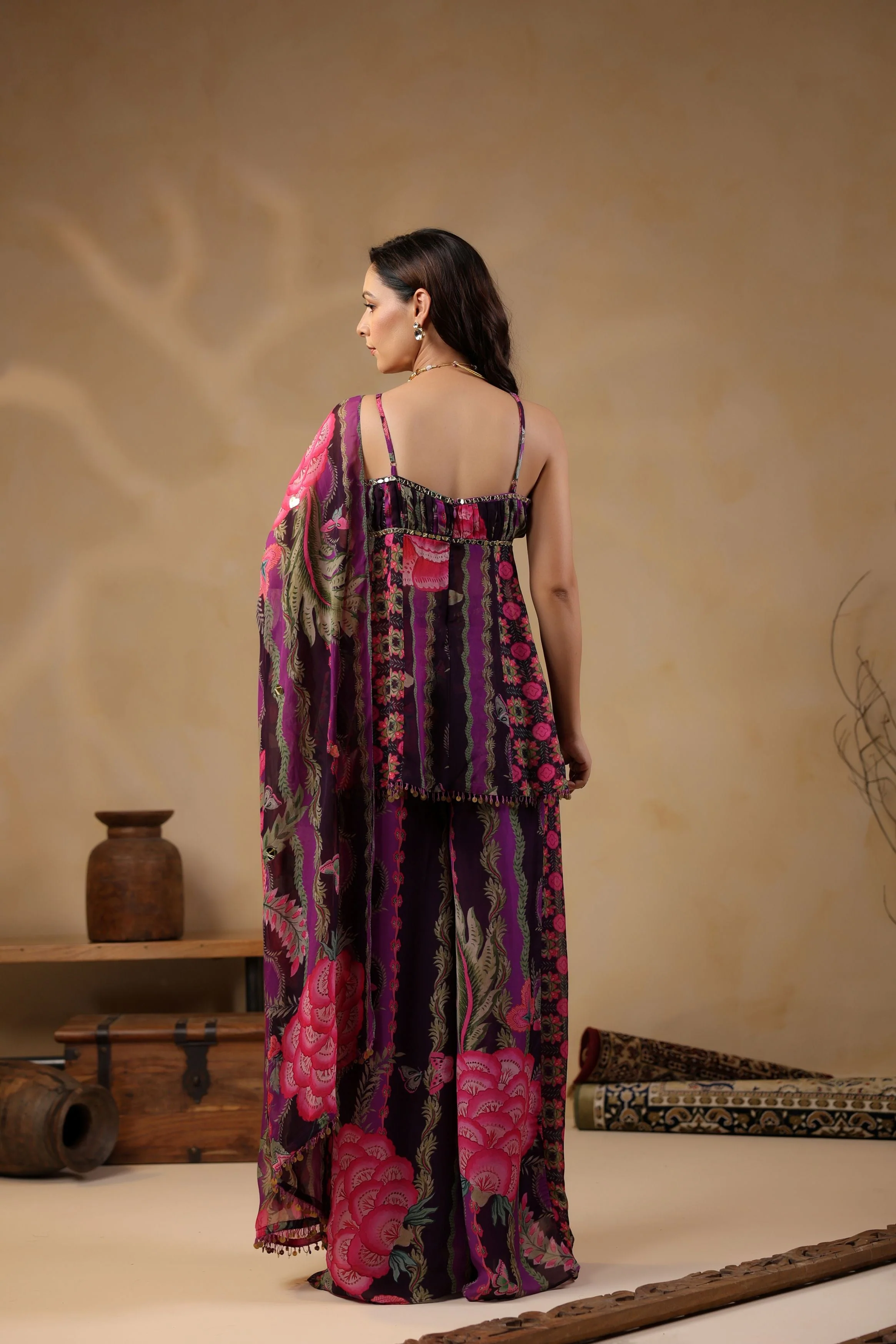 Grape Purple Printed Georgette Silk Peplum Sharara Set - Image 7