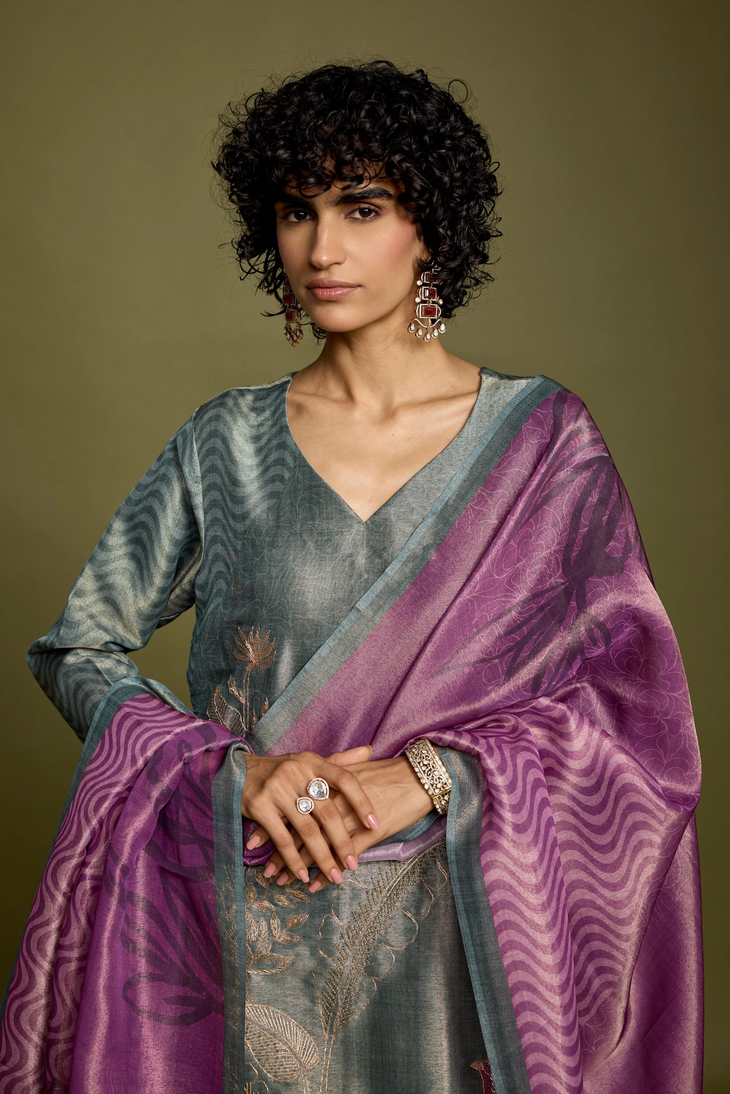 Grayish-Green Embellished Chanderi Silk Pant Set - Image 3