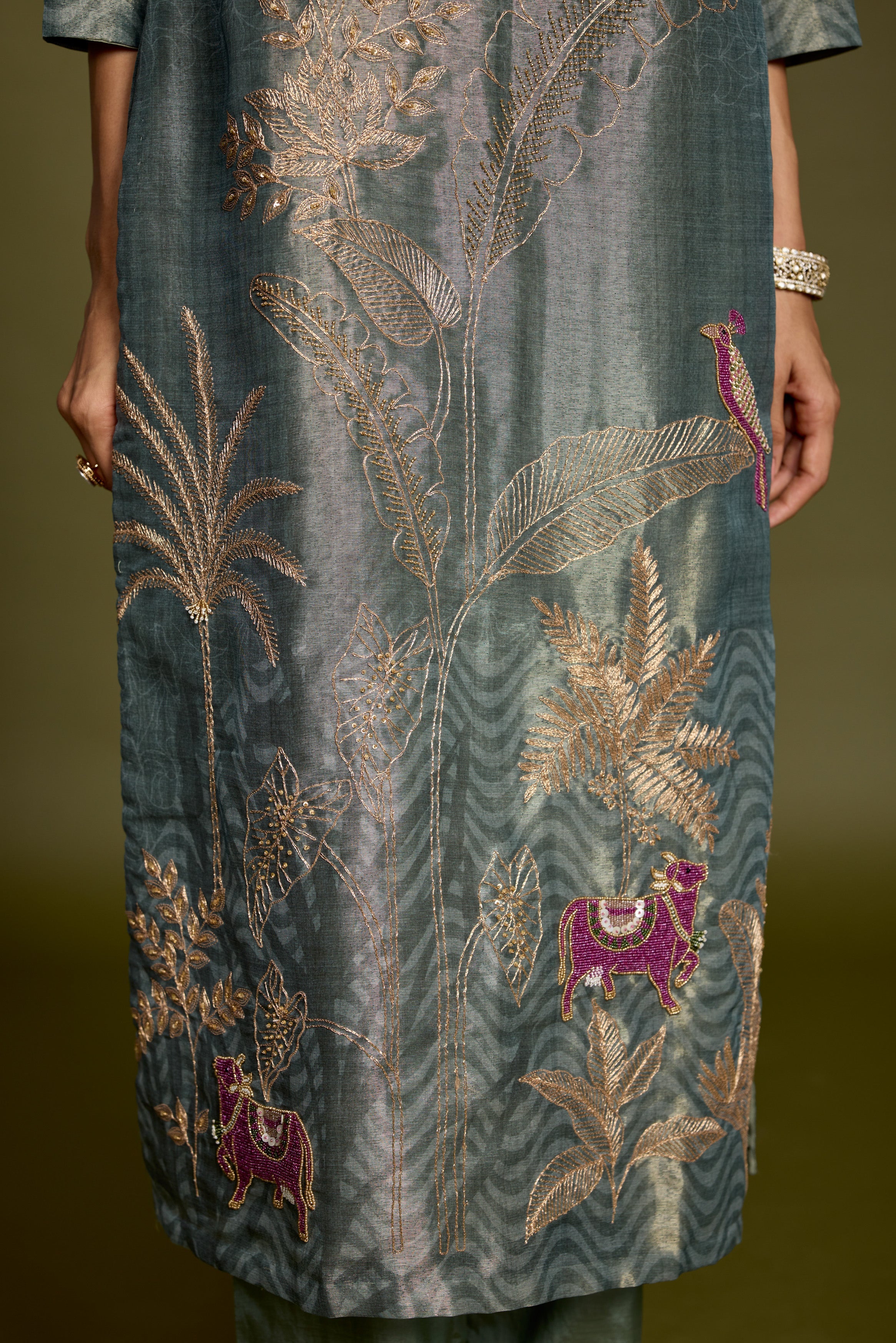 Grayish-Green Embellished Chanderi Silk Pant Set - Image 4