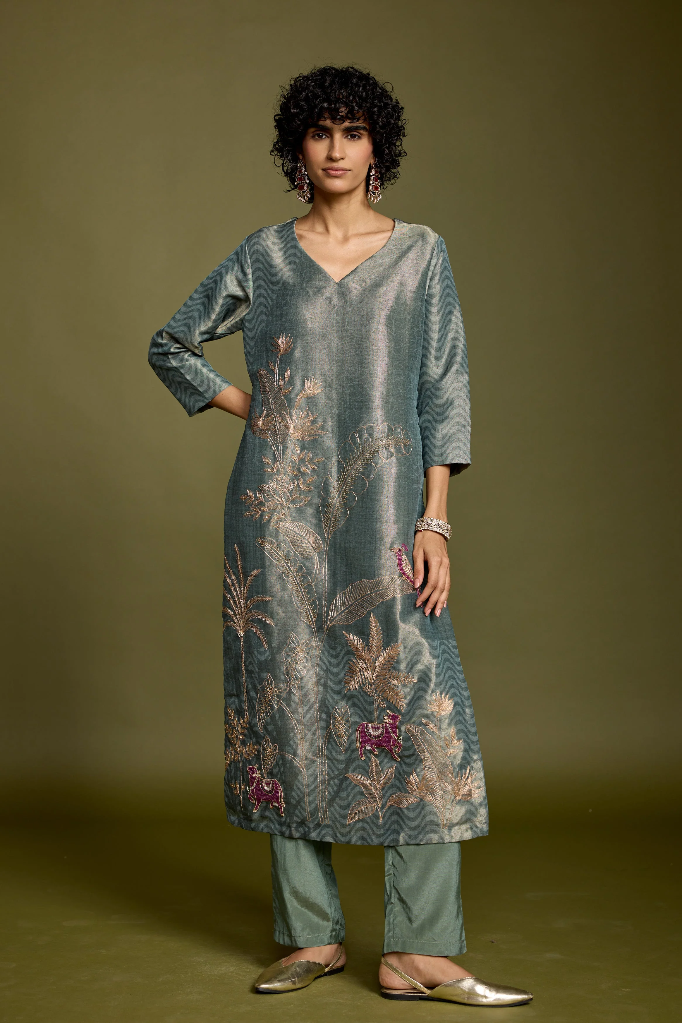 Grayish-Green Embellished Chanderi Silk Pant Set - Image 5