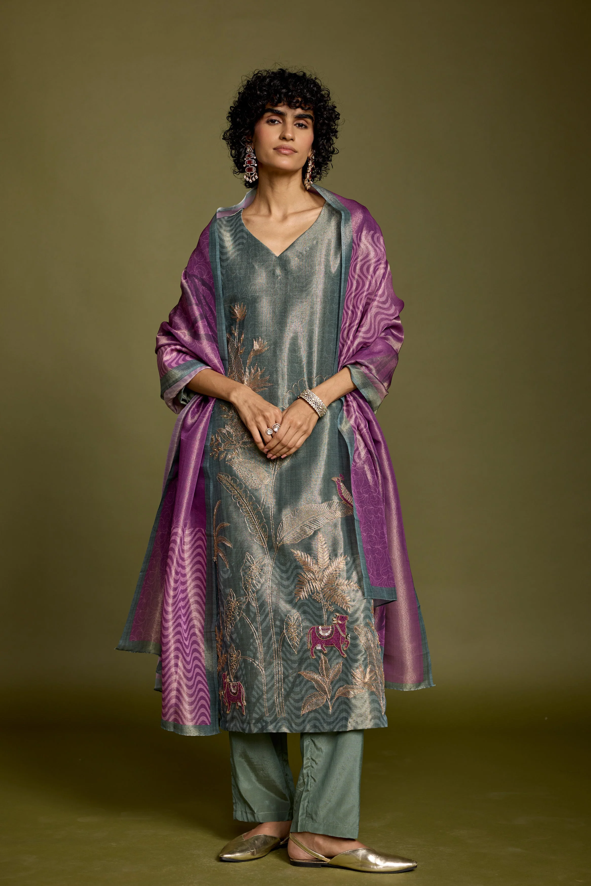 Grayish-Green Embellished Chanderi Silk Pant Set - Image 6