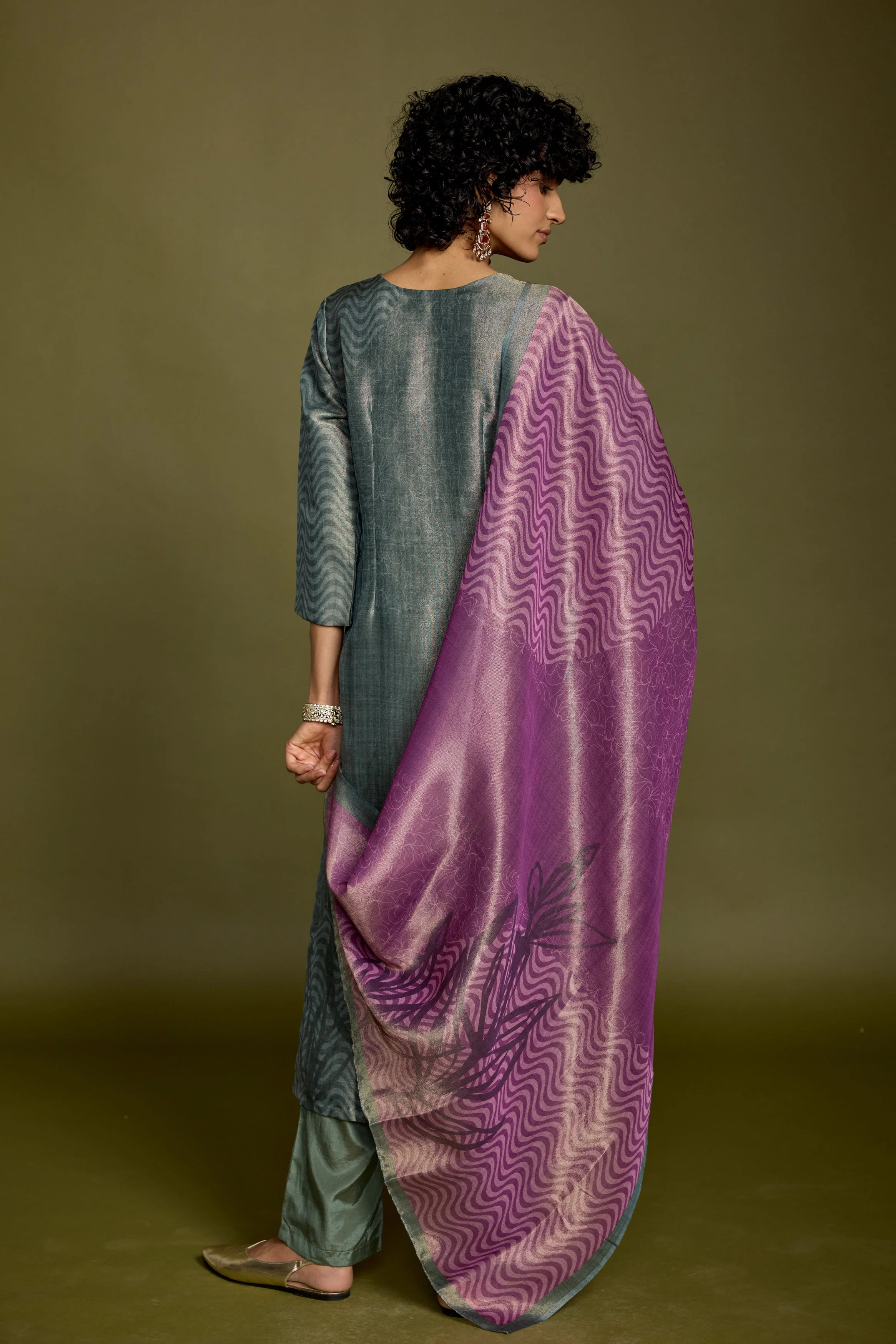 Grayish-Green Embellished Chanderi Silk Pant Set - Image 7