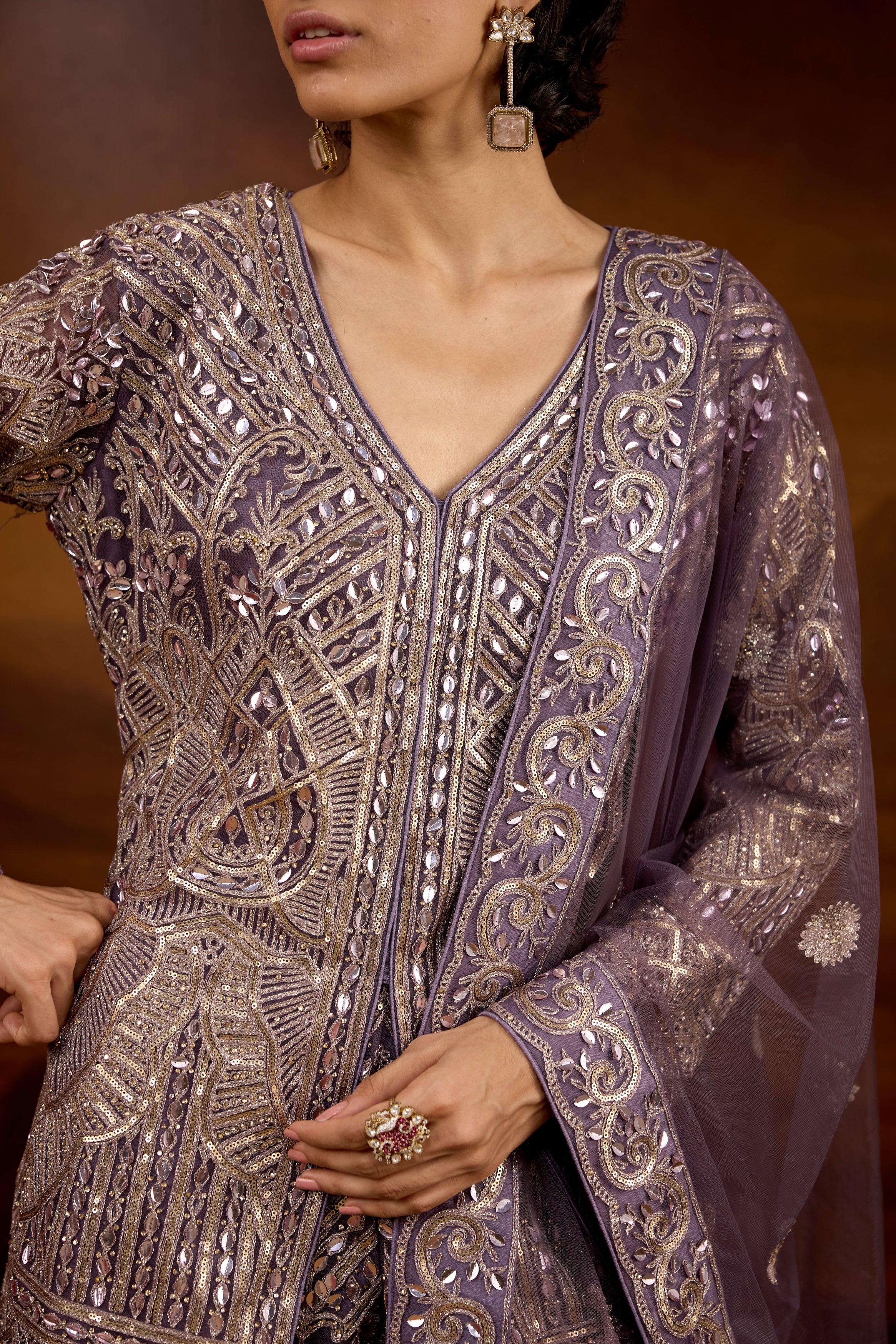 Grayish-Purple Embellished Organic Mono Net Palazzo Set - Image 2