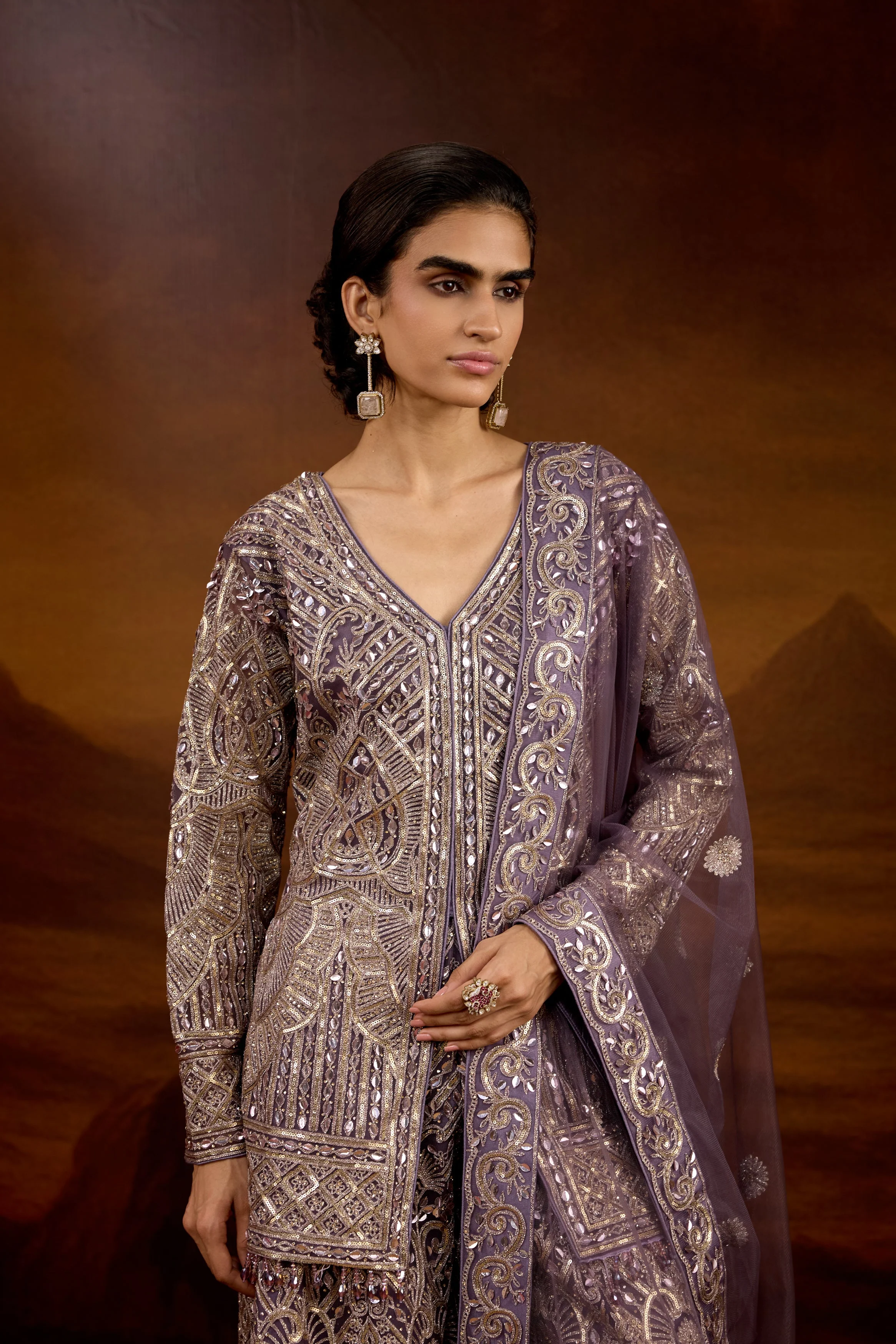 Grayish-Purple Embellished Organic Mono Net Palazzo Set - Image 3