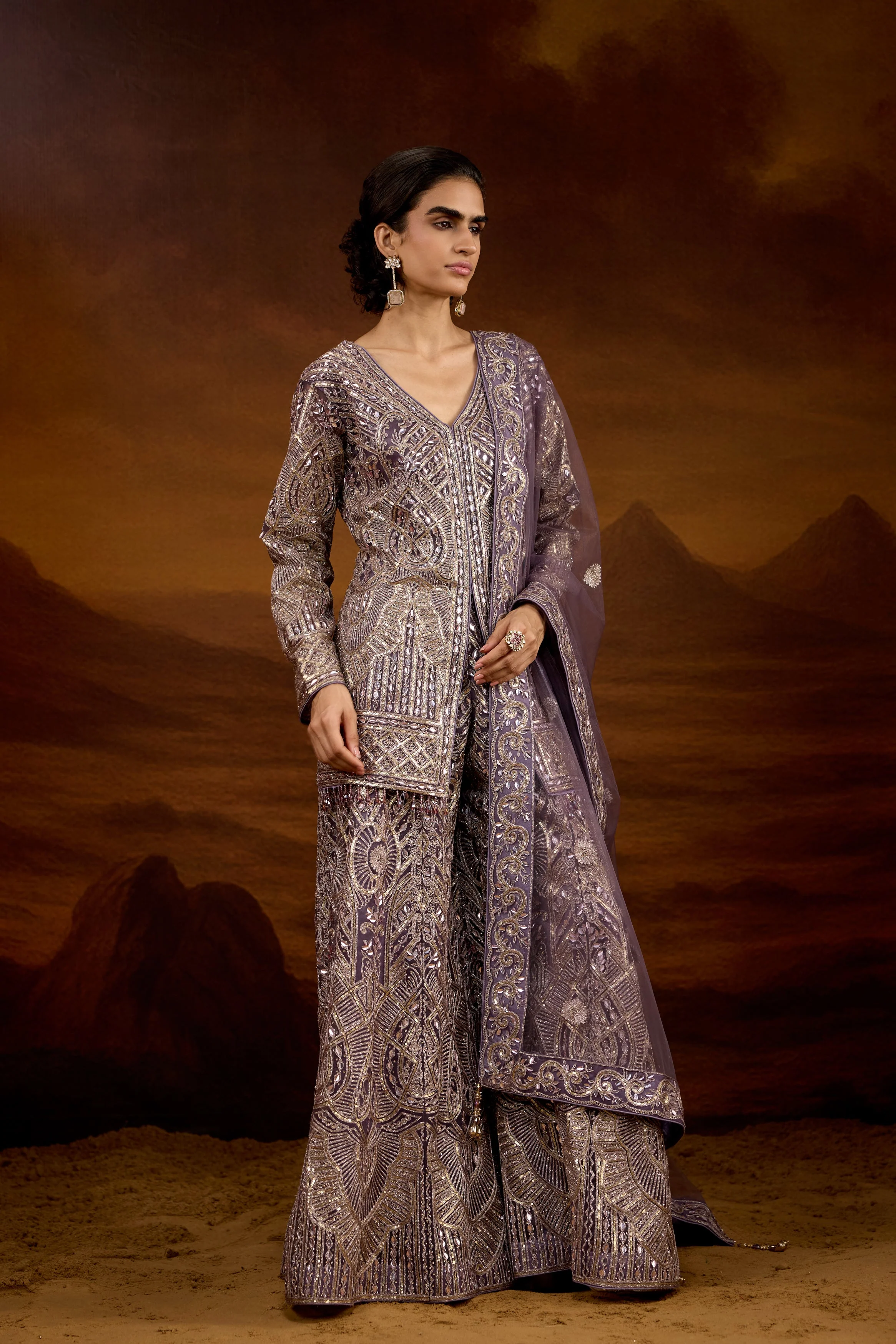 Grayish-Purple Embellished Organic Mono Net Palazzo Set - Image 4