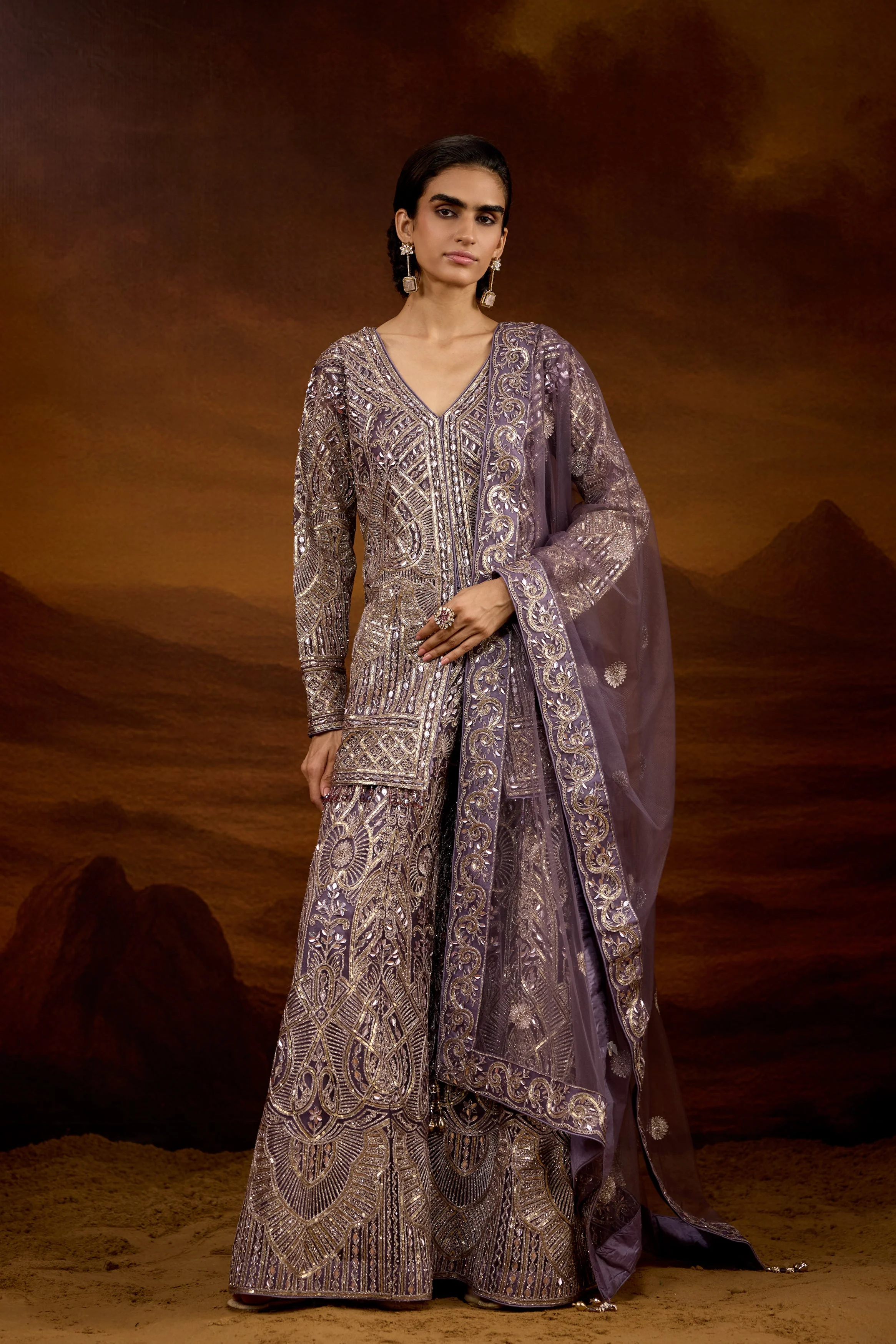 Grayish-Purple Embellished Organic Mono Net Palazzo Set - Image 5