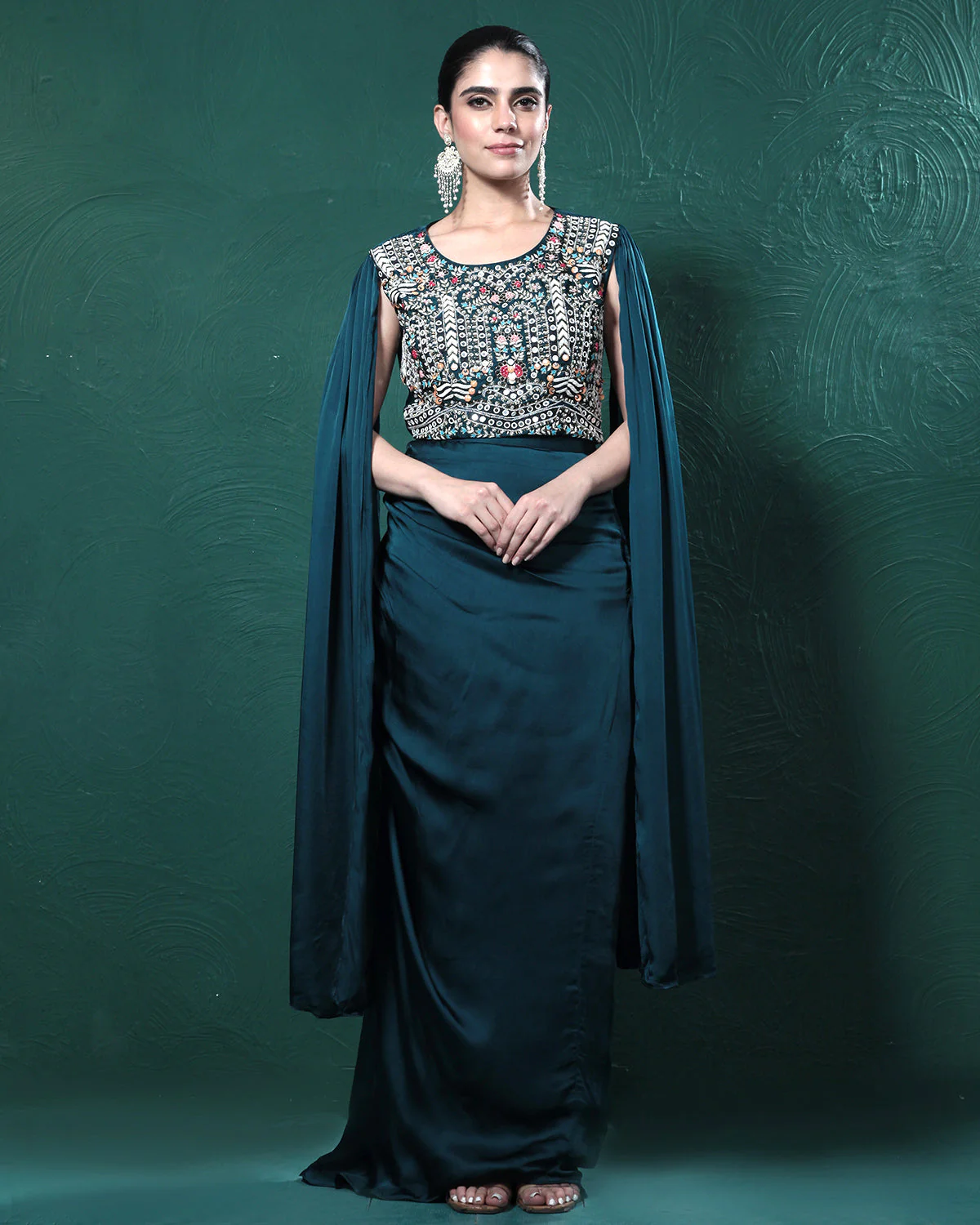 Teal Embellished Satin Silk Cape Skirt Set