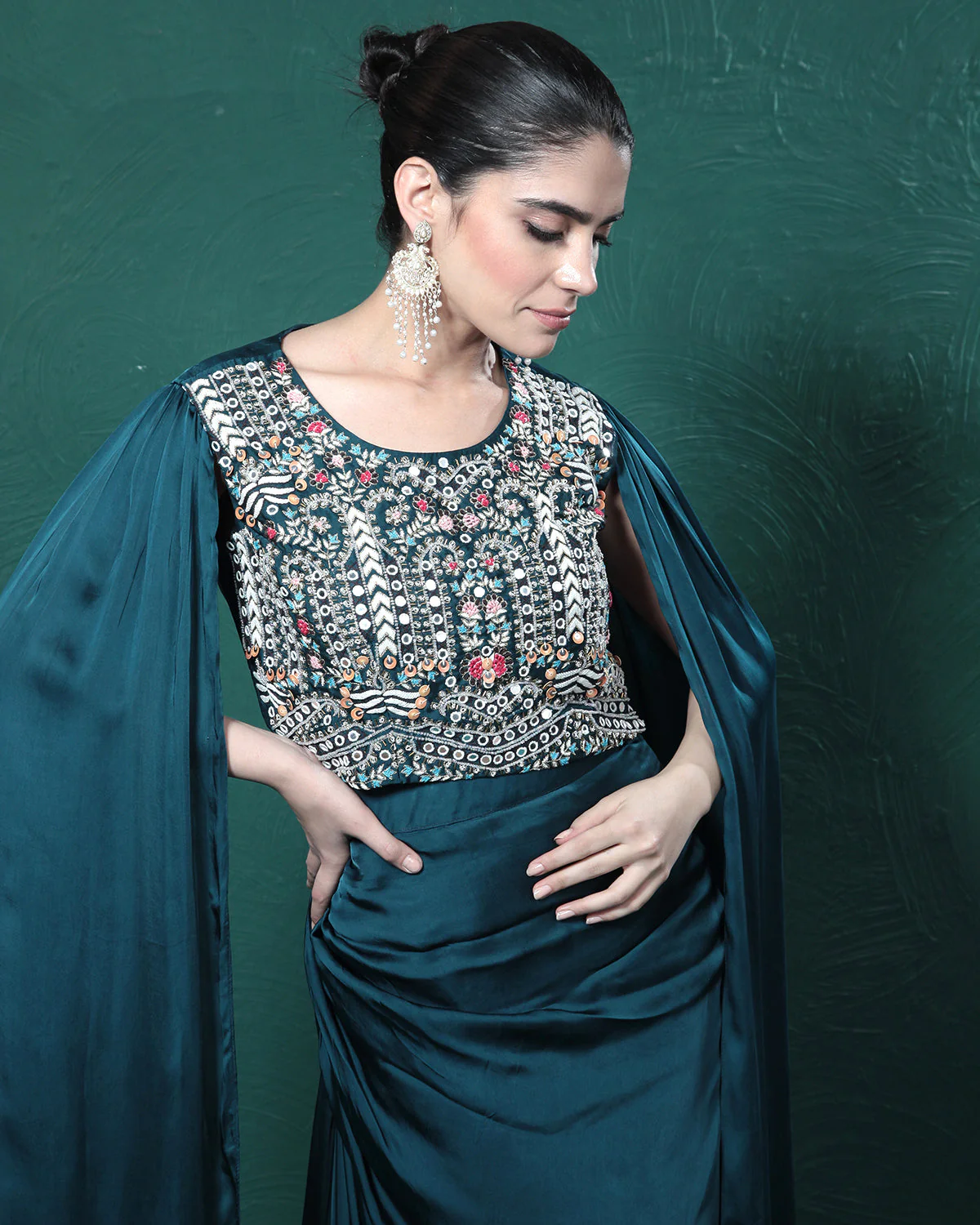 Teal Embellished Satin Silk Cape Skirt Set - Image 2