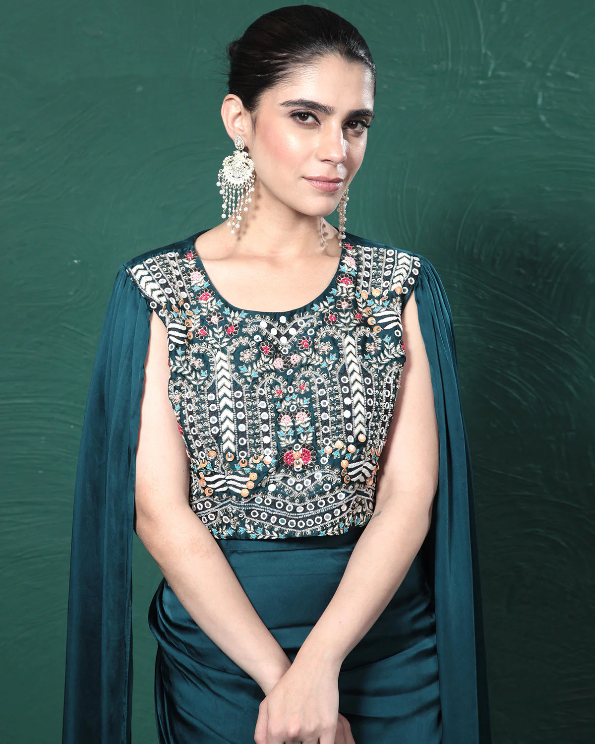 Teal Embellished Satin Silk Cape Skirt Set - Image 3