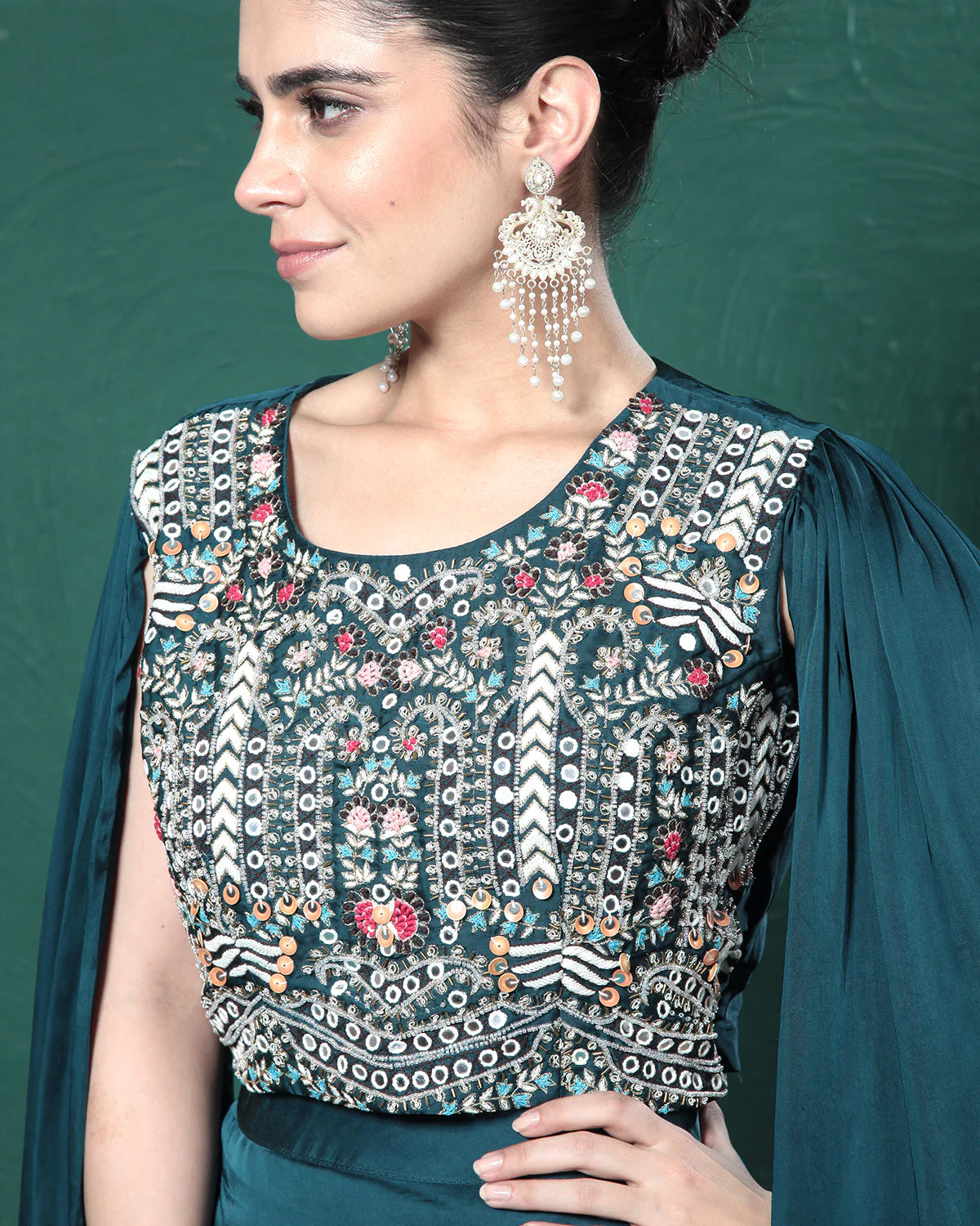 Teal Embellished Satin Silk Cape Skirt Set - Image 4