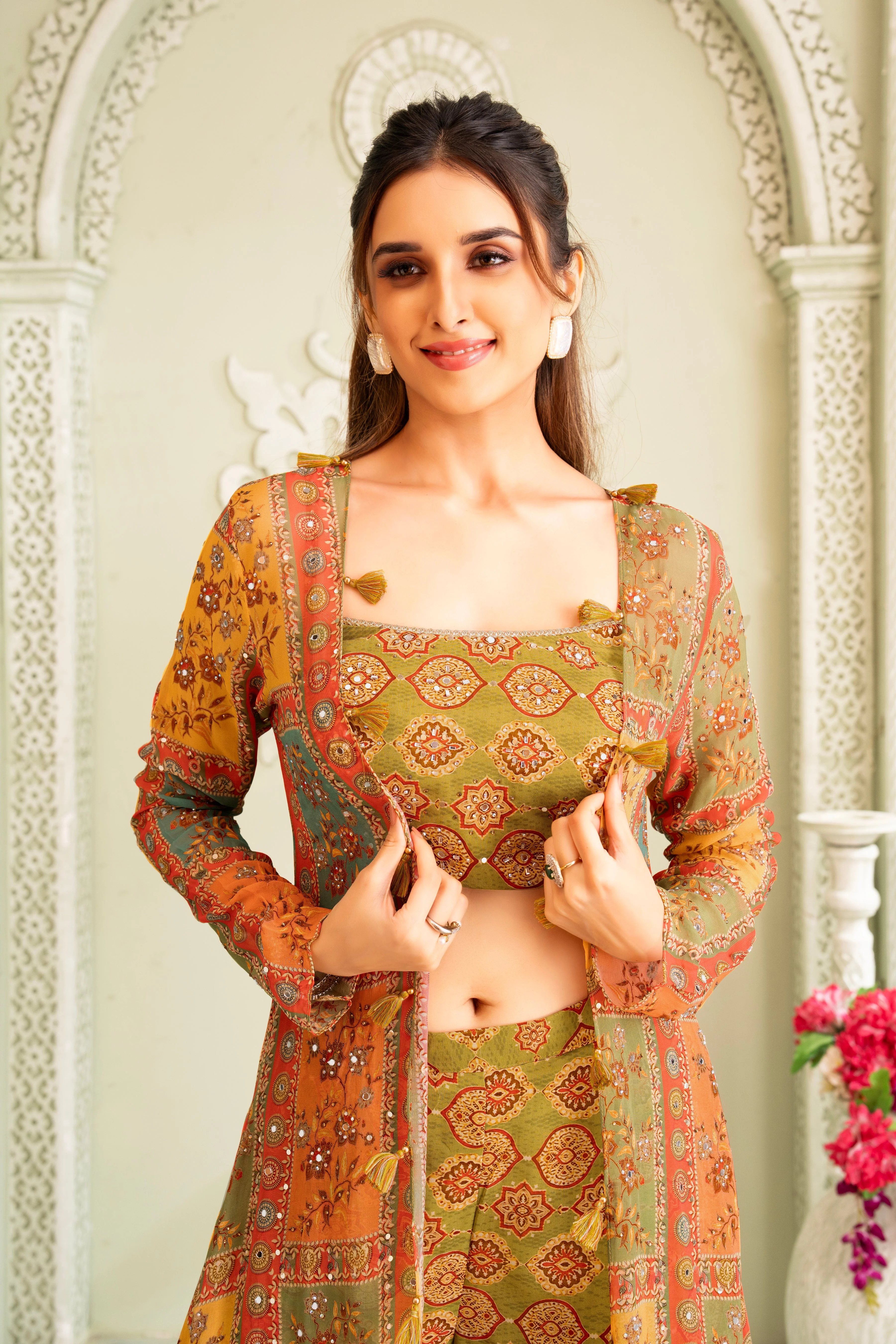 Green Ethnic Printed Sharara Set - Image 2