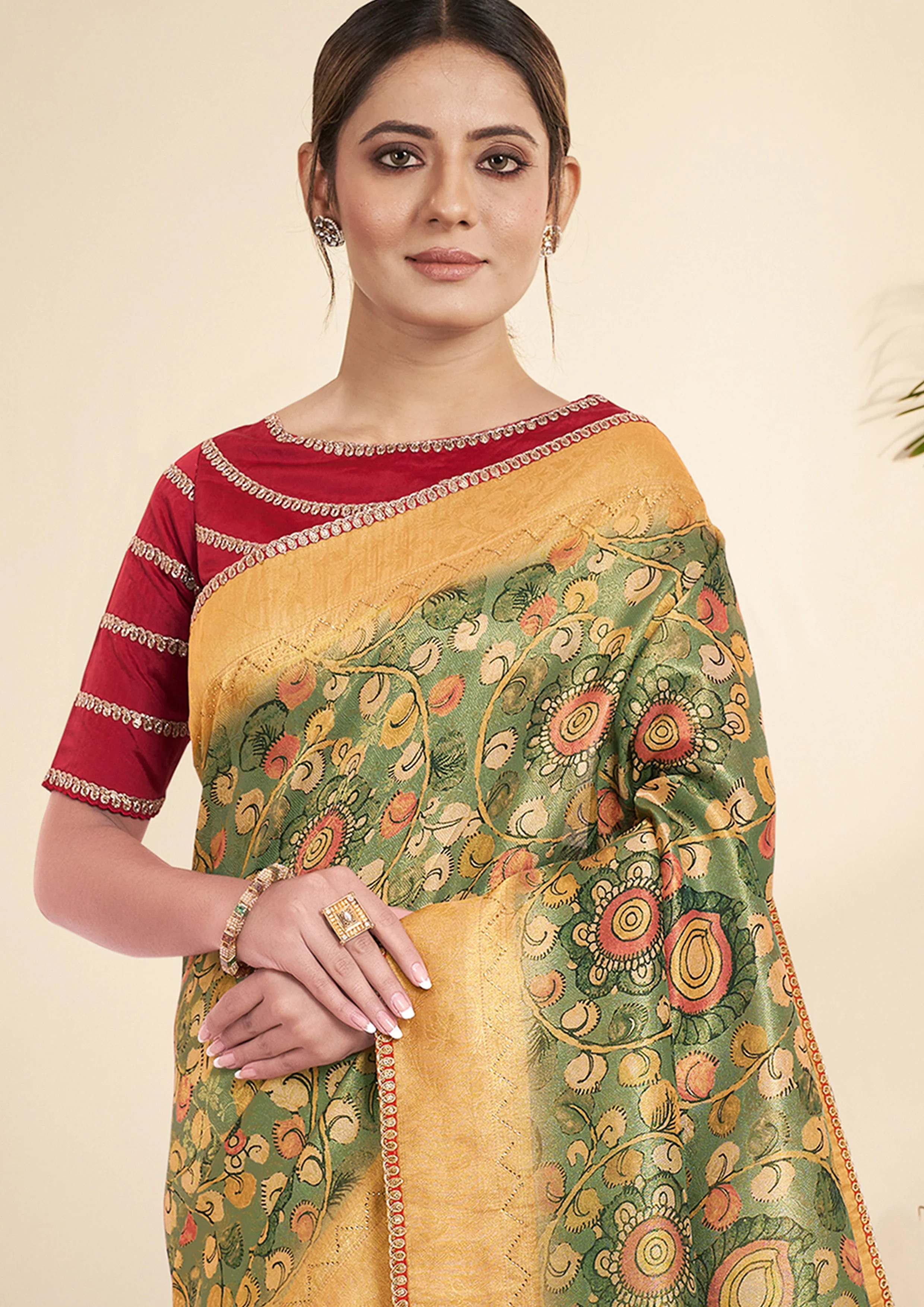 Green & Ochre Printed Tissue Silk Saree - Image 2