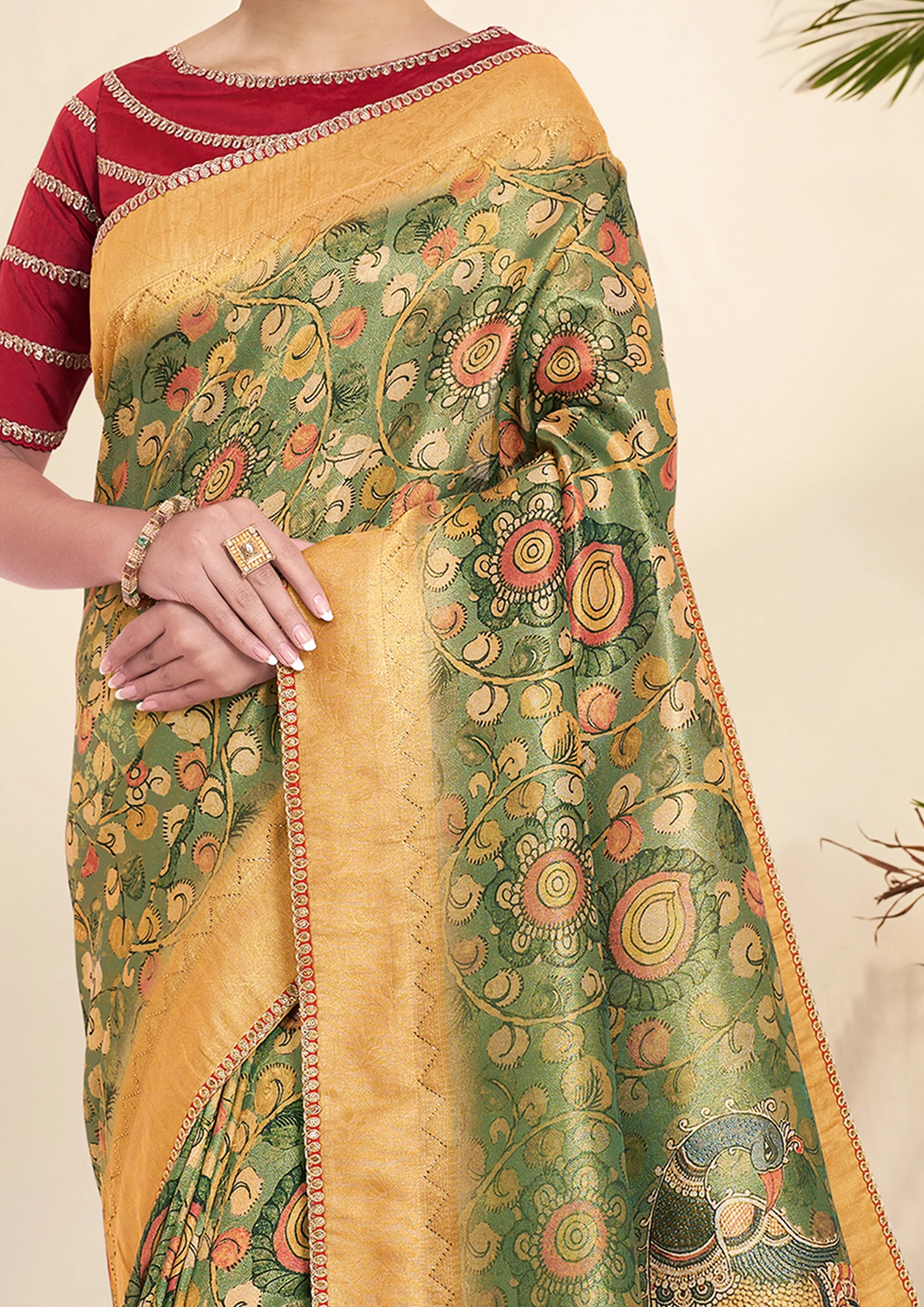 Green & Ochre Printed Tissue Silk Saree - Image 3