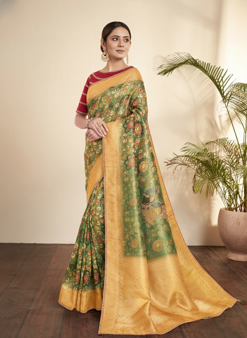 Green & Ochre Printed Tissue Silk Saree - Image 4